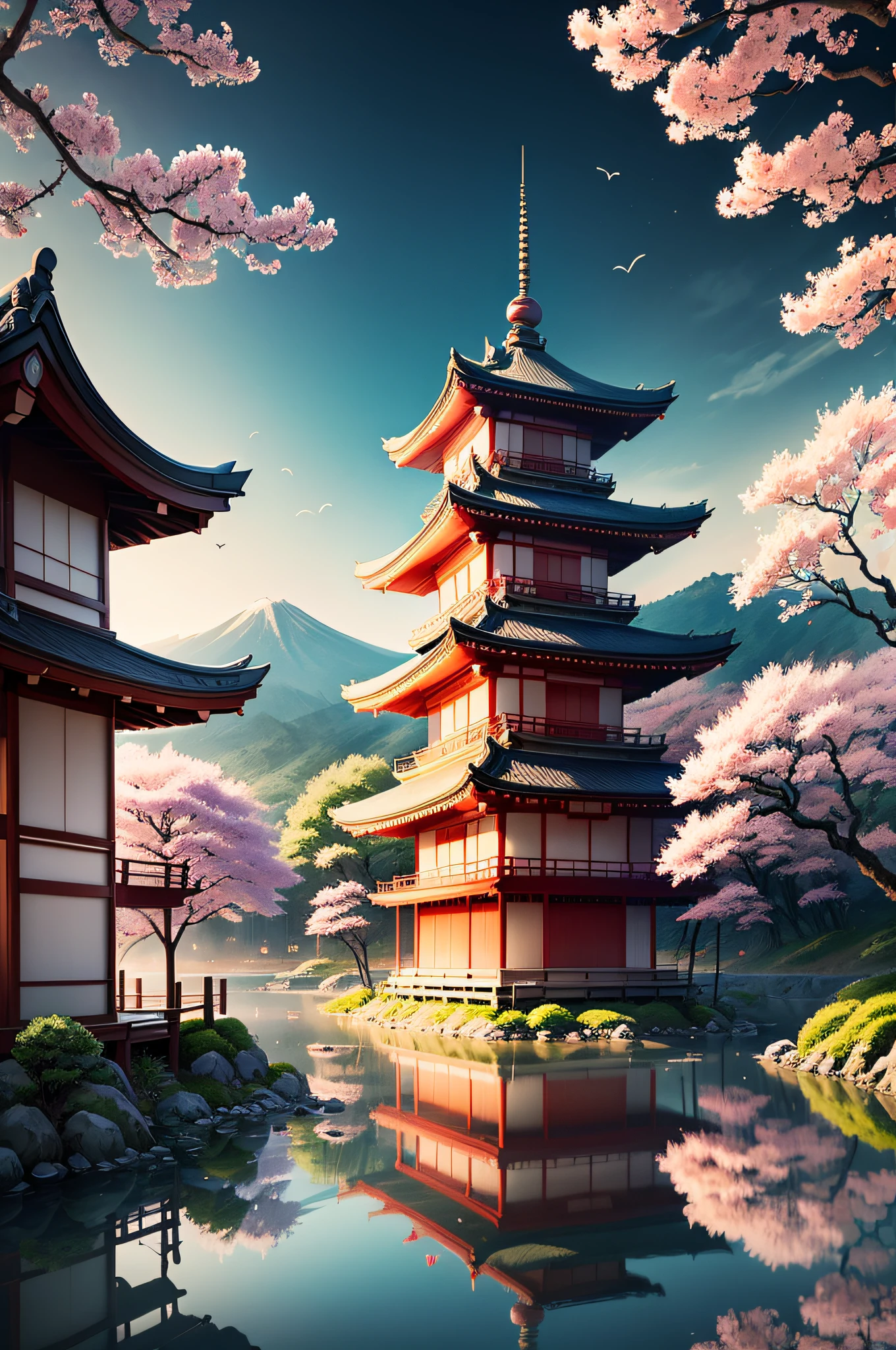 masterpiece, japanese ink painting, cherry blossom trees, pagoda, shrine, water, cranes flying in the background, beautiful colors