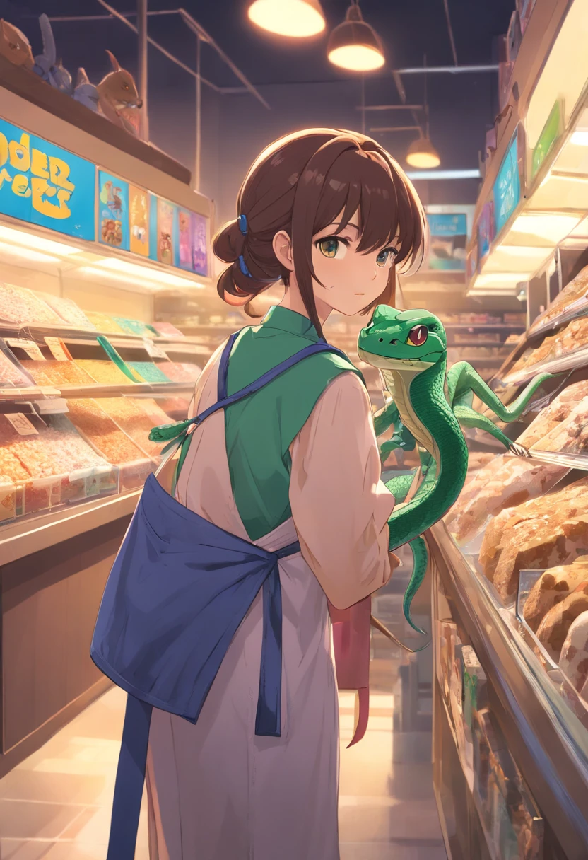 (Dark feeling)，((The upper part of the body))，A big woman，(Neat bangs，Long neat hair)，Aprons and shirts，((((Inside the pet store，Big python，serpent，lizard，Spider pets))))
