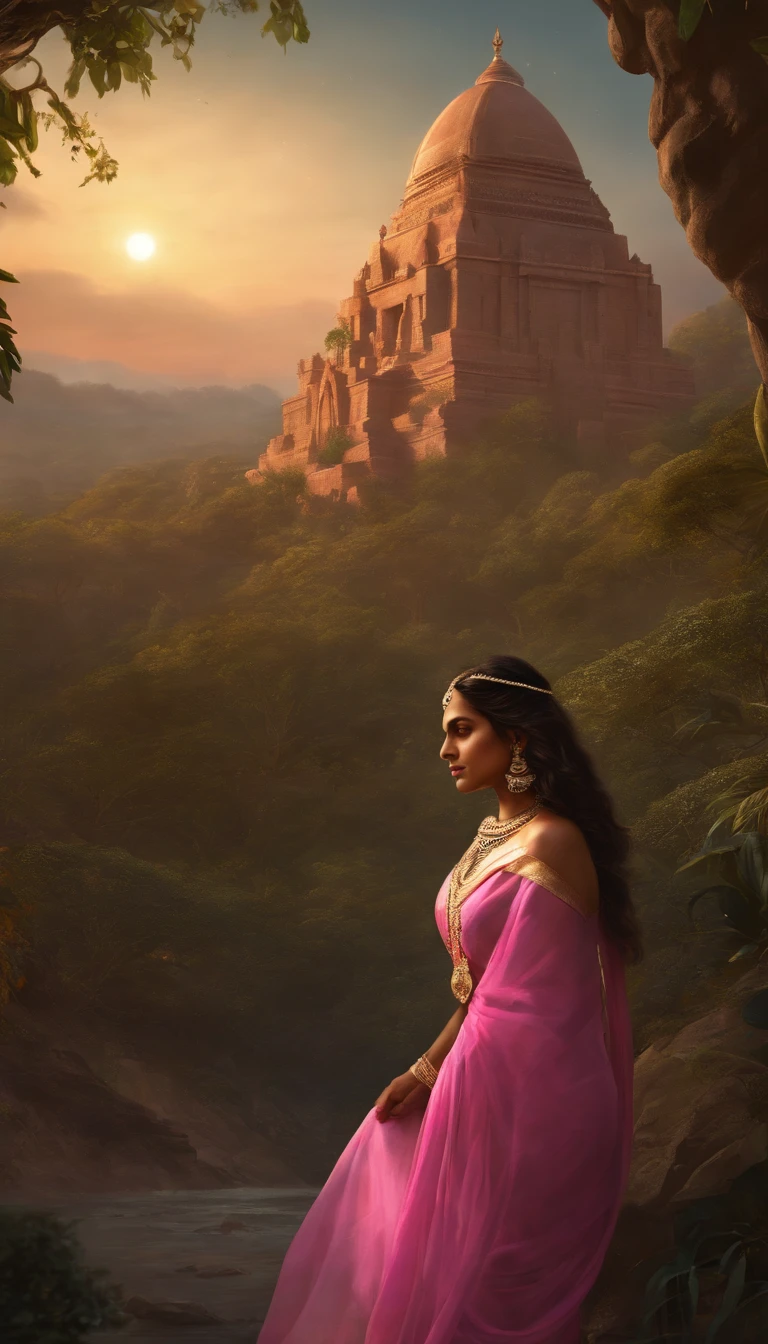 masterpiece, best quality, renaissance style girl, dark Chestnut brown Long waves hair, Bare shoulder, beautiful Indian princess, light skin, DayGlo pink translucent saree sari, perty, beauty face, . realistic, perspective, light and shadow, religious or mythological themes, highly detailed, a beautiful painting of the pinnacles, domes and towers of the ancient mayan jungle city, with the night sky with stars above, intricate, elegant, highly detailed, digital painting, artstation, concept art, by krenz cushart and artem demura and alphonse mucha