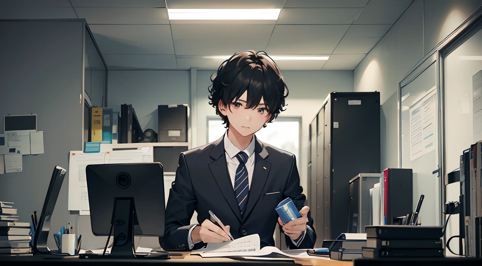 1 office worker(A dark-haired、short-haired、Curly hair、Wearing a suit、Working on a computer),on desk(PC、Pile of documents、There are empty cans)、Facing the front、The background is office