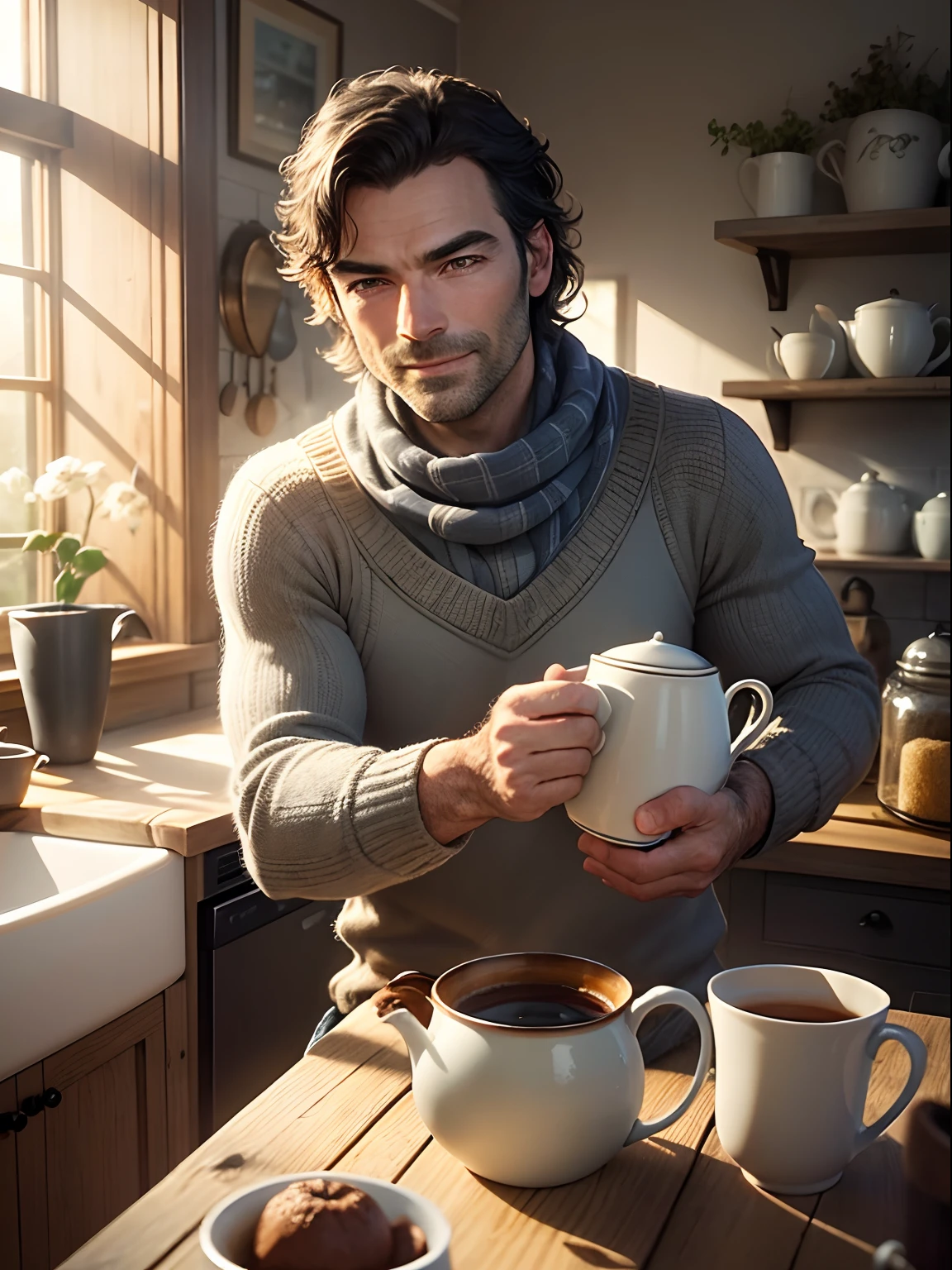 55 year old man, like older Aidan Turner, scruffy grey stubble, looking happy, relieved, grinning, smiling, scratching head, wearing woollen jumper with elbow patches, tatty jeans, keffiyeh, leaning against sink in traditional farmhouse kitchen, teapot, mugs, sunlight through window, sunset