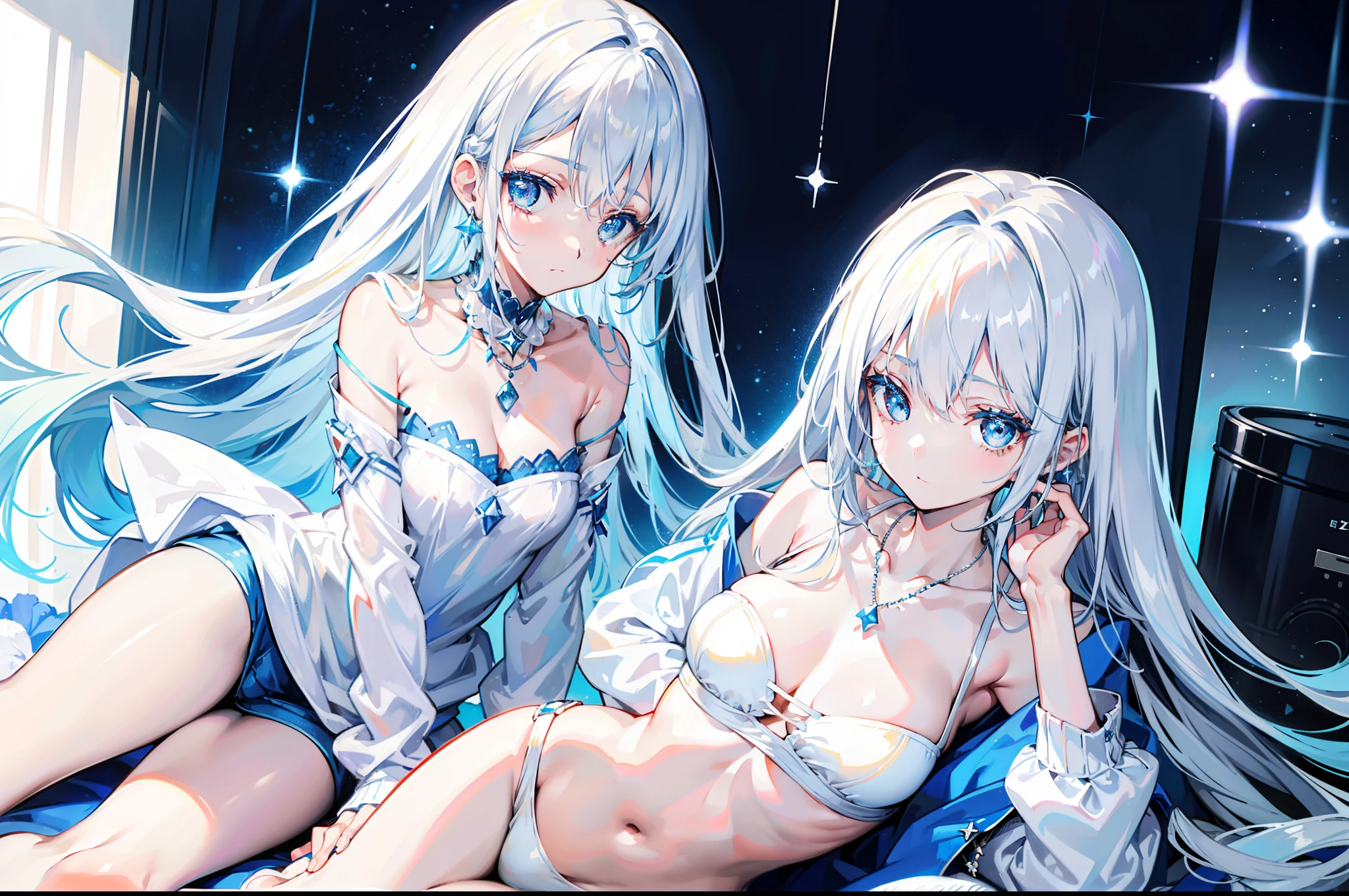 Long light blue and white hair,A silver necklace that shines like a star,Delicate makeup and glossy face,rcasual, Loose and simple cream sweatshirt,Slim and smooth legs,is a sweet girl