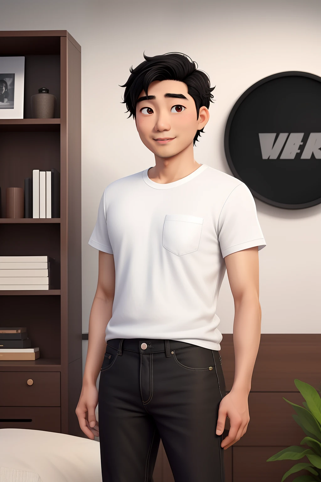 A 30 years old Asian man no beard,with black disheveled hair, cute face,, and brown eyes, wearing white t shirt and black jeans