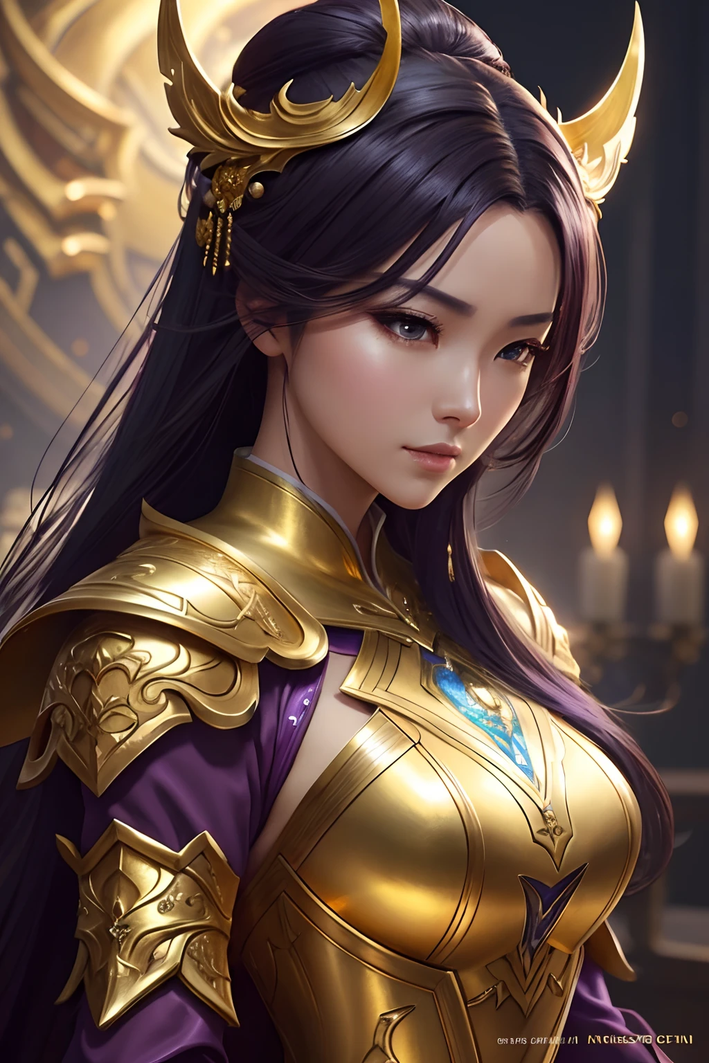 close-up of a woman in a gold and purple dress, chengwei pan on artstation, by Yang J, detailed fantasy art, stunning character art, fanart best artstation, epic and exquisite character art, beautiful armor, extremely detailed art, detailed digital anime art, artgerm on artstation pixiv, girl in armor