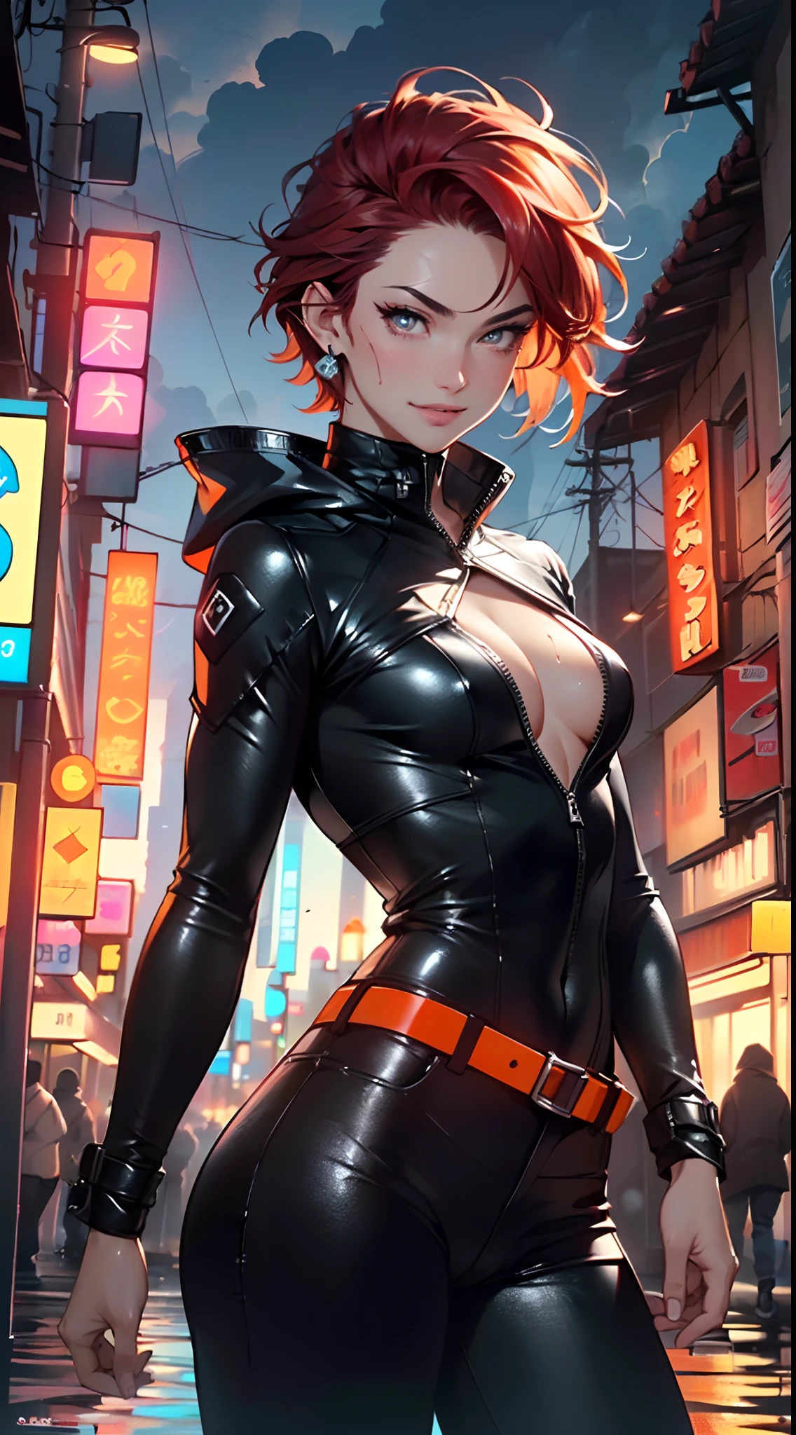 man:1.5,1 man,thief man,(((1man))),((man with stylish short hair)),
(((1male,man:1.5,handsome man,male,male gender:1.5,male focus))),macho man,
((short red hair,detailed hair,highly detailed hair,red hair,dyed interior hair,colored inner hair)),(((lustrous skin:1.5,tanned skin,bright skin: 1.5,skin tanned,shiny skin,very shiny skin,shiny body,illuminated skin))),(((orange_eyes:1.2))),intricate eyes,beautiful detailed eyes,symmetrical eyes,((man chest)),handsome face,((muscular)),(((detailed face))),
alluring look,nsfw,
(((bare chest))),elegant white pants,((bulge in pants)),((elegant thief outfit)),(wearing a elegant thief outfit:1.3,thief clothes),((wet clothes,intricate outfit,intricate clothes)),
(dynamic pose:1.0),solo focus,((evil smile,evil look)),(centered,scale to fit dimensions,Rule of thirds),
cyberpunk city by the ocean at night, with bright neon signs and dark stormy clouds and puddles, scenery:1.25,
highres, sharp focus, (ultra detailed, extremely detailed), (photorealistic artwork:1.37),(extremely detailed CG unity 8k wallpaper),((synthwave background theme)),(((vibrant colors))),(intricate background),(masterpiece),(best quality),