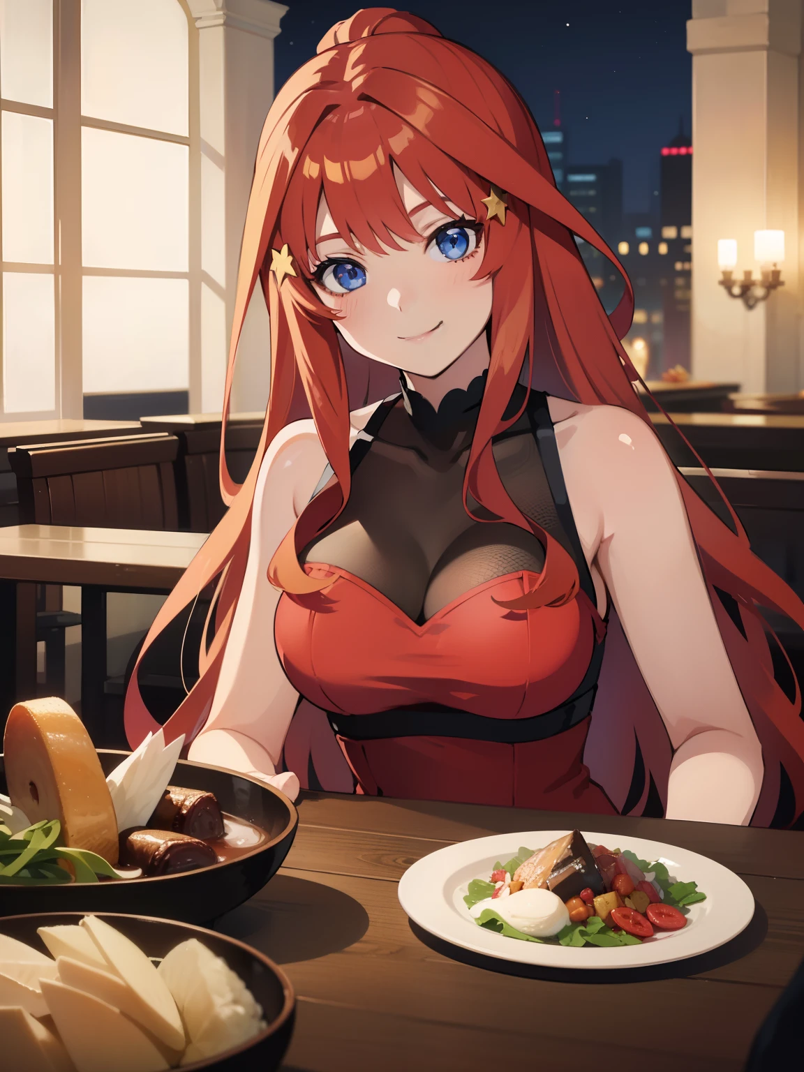 1girl, Anime girl with long hair, anime moe art style, Anime visuals of cute girls, Anime Best Girl, itsuki nakano fanart, pretty anime girl, Smooth Anime CG Art, Seductive Anime Girl, charming anime girls, Cute anime girl, Shining eyes, big boobs, (((((at the dinner table))))), ((looking at viewer)), (((((indecent smile))))), close up, red hair, blue eyes, ((((revealing clothes)))), (paris), (((fancy restaurant))), glass of wine, cleavage, (((red dress))), ponytail, golden earings, people, candle lit, ((((gala)))), night, sleeveless