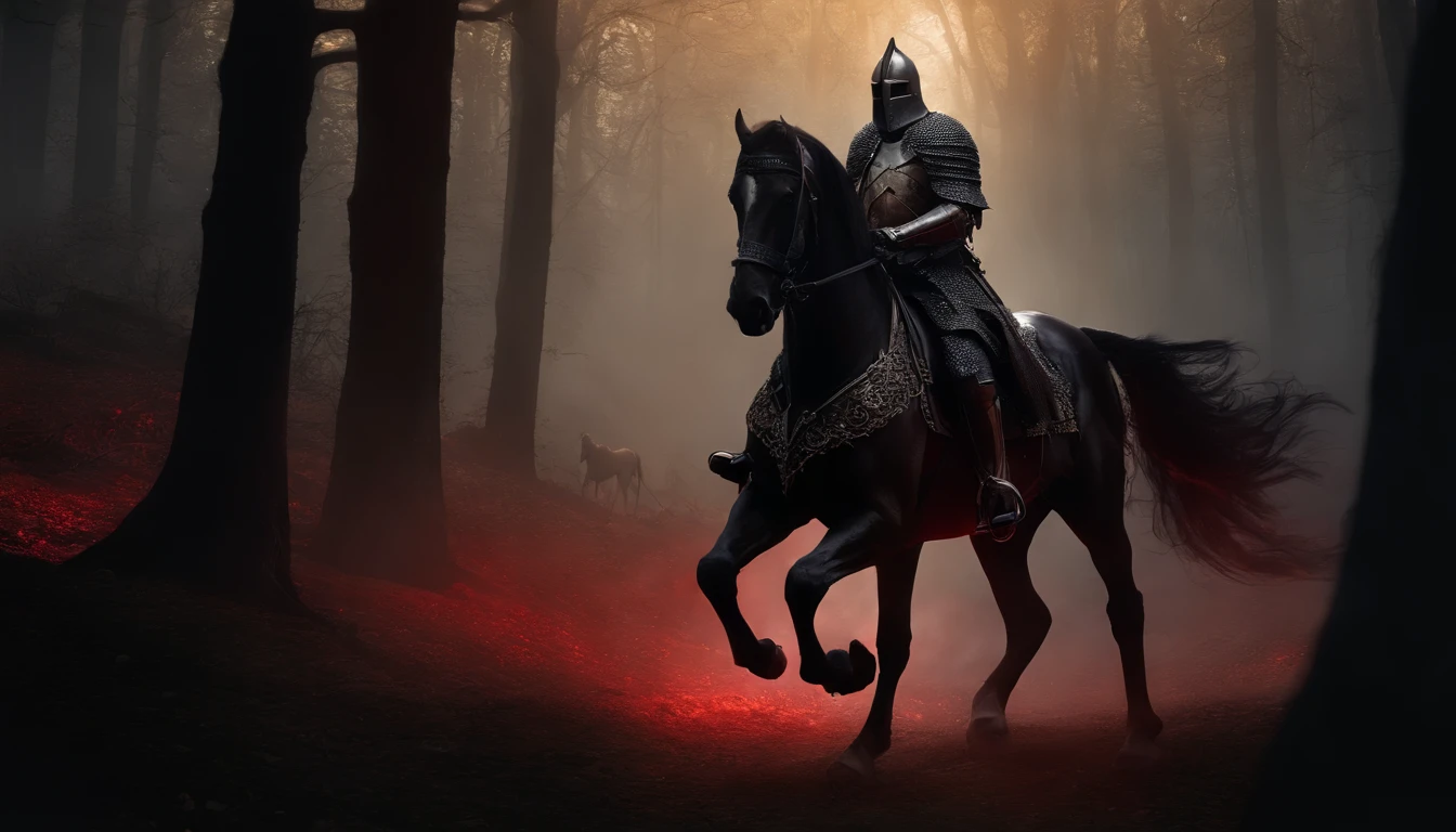 Undead Knight,Undead,Crusader pitch-black armor,(red eyes),Skeleton horse,Nightmare Horse,fantasy world,medieval times,A dark forest that glows with glows,horror atmosphere,uncanny,High-precision details,HD,8k