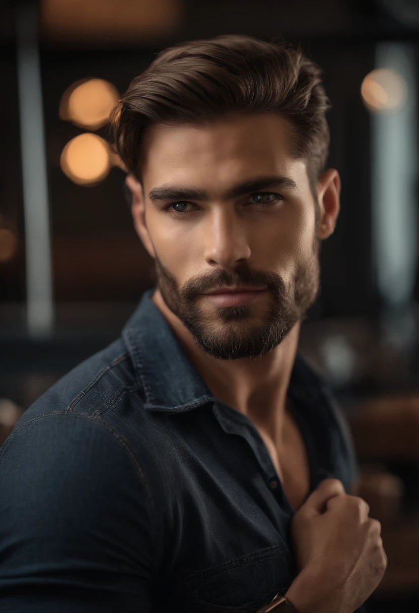 La mejor calidad,Ultra detallado,realista:1.37,Hombre guapo,cara hermosa,ojos detallados,strong jawline,barba de rastrojo,sonrisa encantadora,casual,cabello elegante,afeitado,Postura segura,caballero,Mirada cautivadora,bien arreglado,profesional,Apariencia similar a la de un modelo,vivid colors,Studio lighting,Warm color tone from front to camera ,Medio:retrato en new york