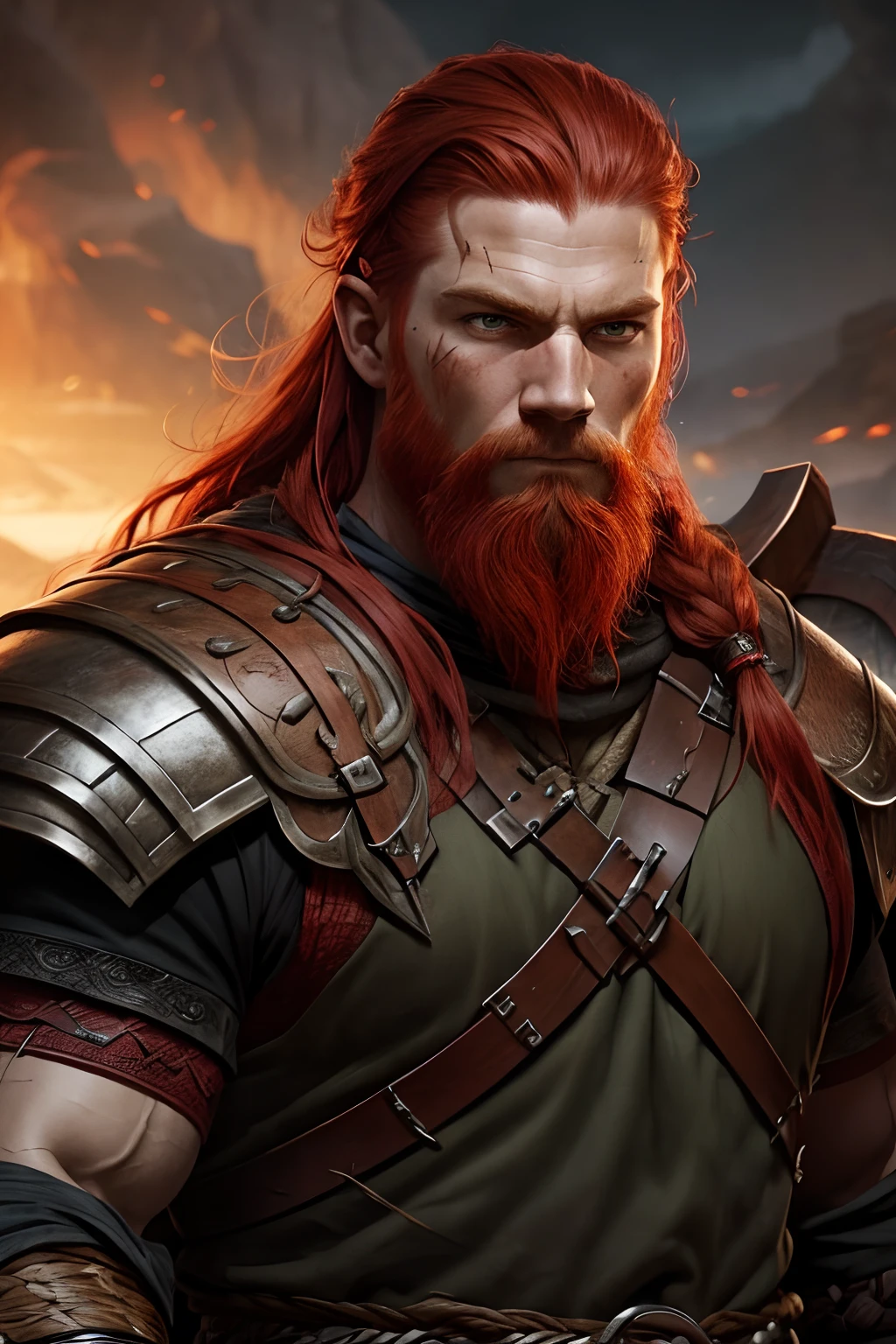 red-haired man, skin scars, viking, viking clothing, strong, muscular, serious facial expression, rpg art style, fantasy art style