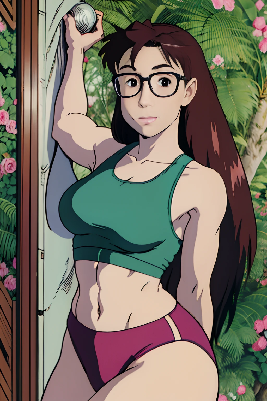 Koyomi Mizuhara, brown hair, long hair, brown eyes, glasse, 90’s gym outfit, medium breasts, High-cut thong, leg warmers, Wallpaper, pinup