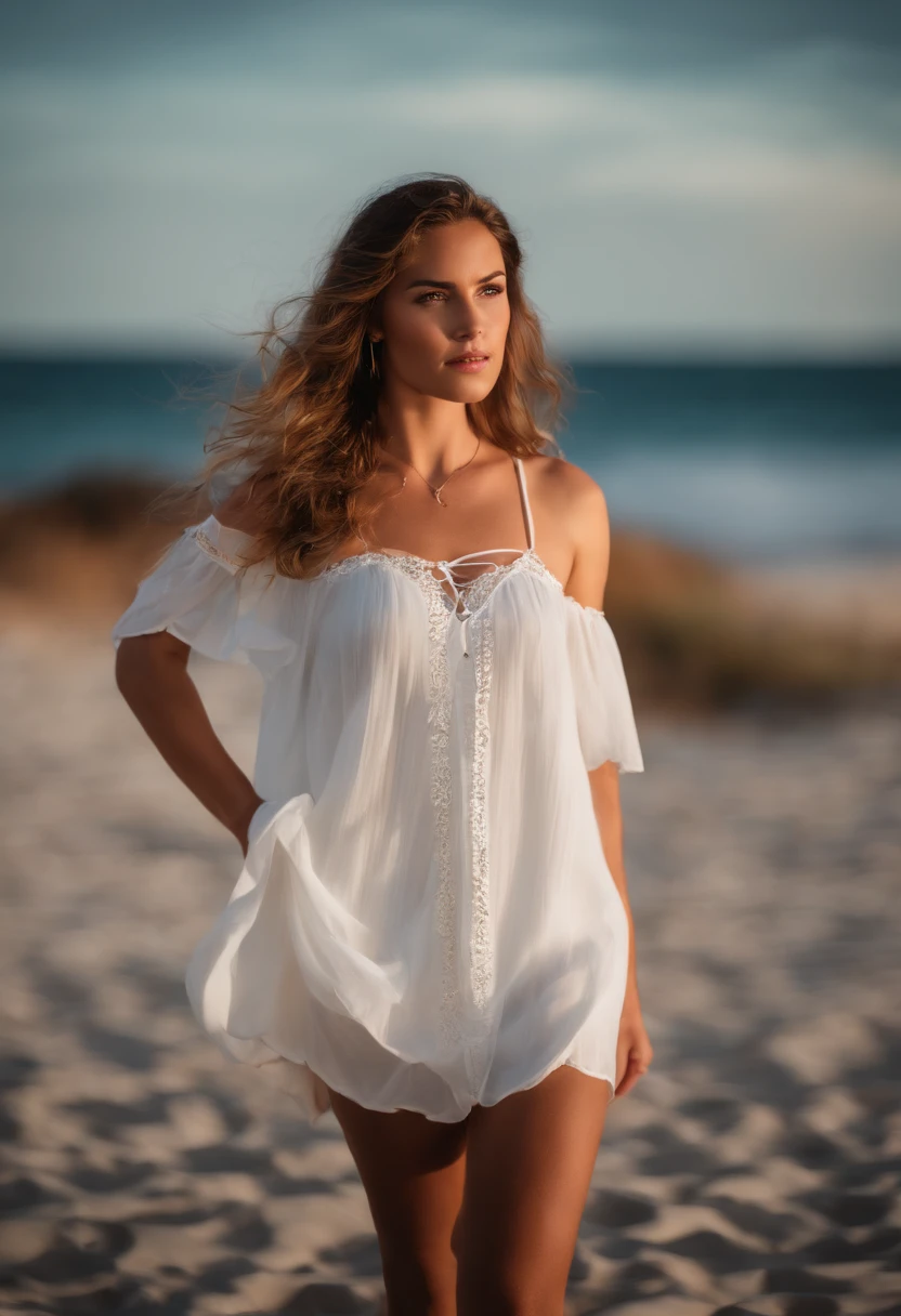 (Mikayla Demaiter) person posing on the beach, Best quality, 1fille, blur background, Bokeh, (centre commercial:1.4), ((portant une chemise blanche)), magnifique, , beautiful detailed sky, (pose dynamique:1), softlighting, vent, ((portrait:1.4)),