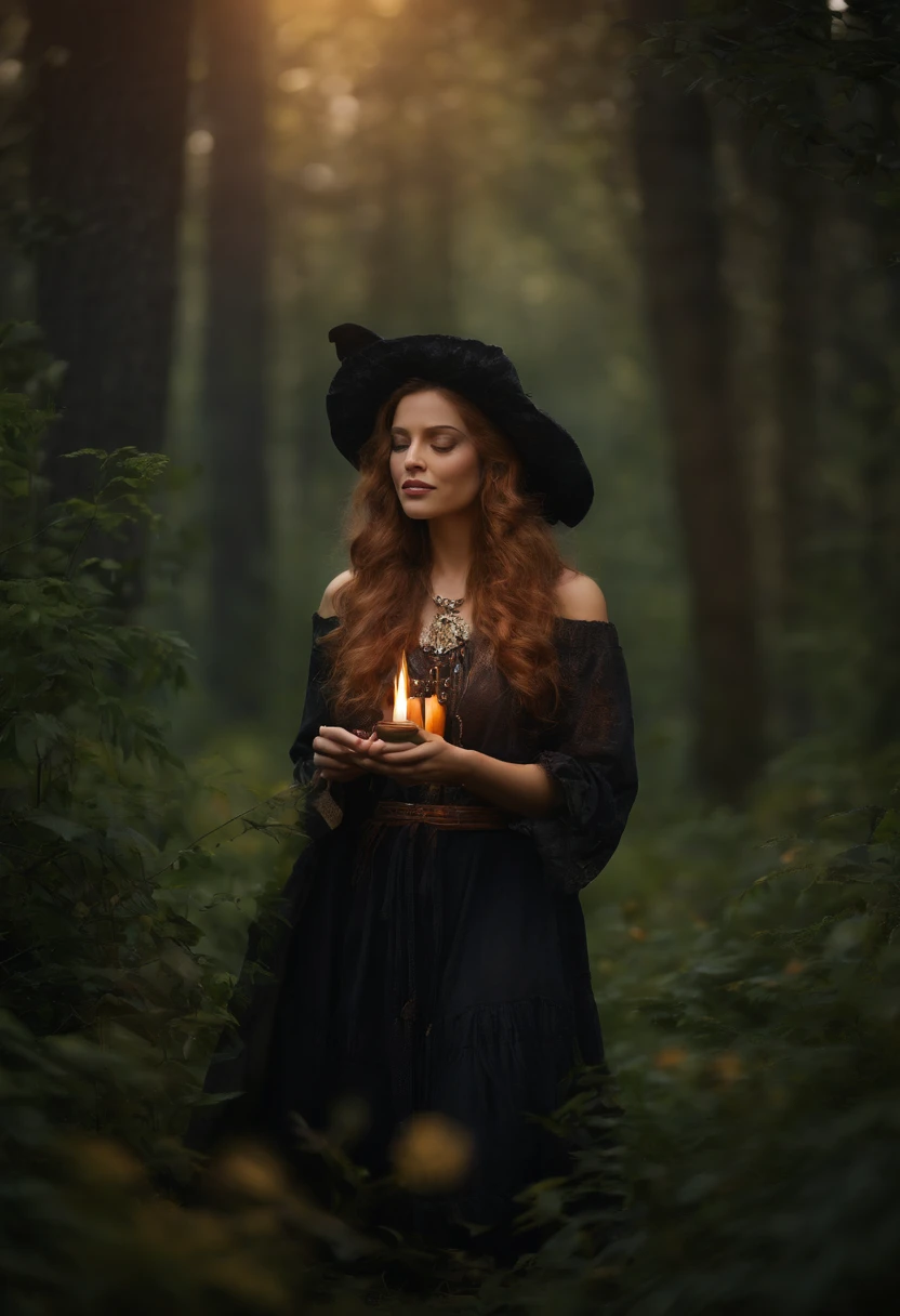 (best quality,4k,8k,highres,masterpiece:1.2),ultra-detailed,(realistic,photorealistic,photo-realistic:1.37),shamanic witch working with herbs and a bonfire in the virgin forest, nature: powerful plants and animals, oil painting, [detailed], mystical atmosphere, vibrant colors, soft lighting, plants rustling in the wind, animals blending with nature, enchanting aura, hidden mysteries
