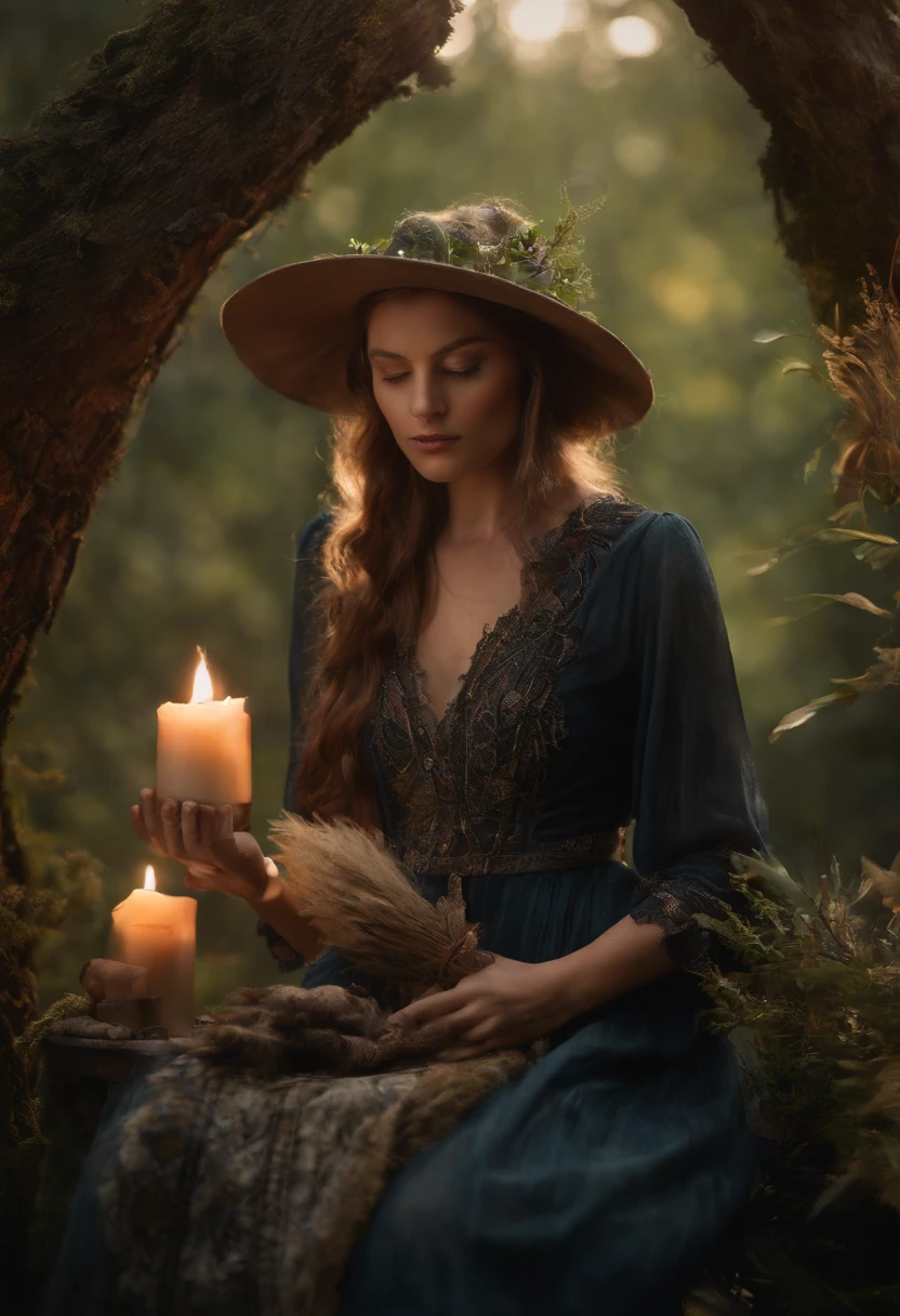 (best quality,4k,8k,highres,masterpiece:1.2),ultra-detailed,(realistic,photorealistic,photo-realistic:1.37),shamanic witch working with herbs and a bonfire in the virgin forest, nature: powerful plants and animals, oil painting, [detailed], mystical atmosphere, vibrant colors, soft lighting, plants rustling in the wind, animals blending with nature, enchanting aura, hidden mysteries