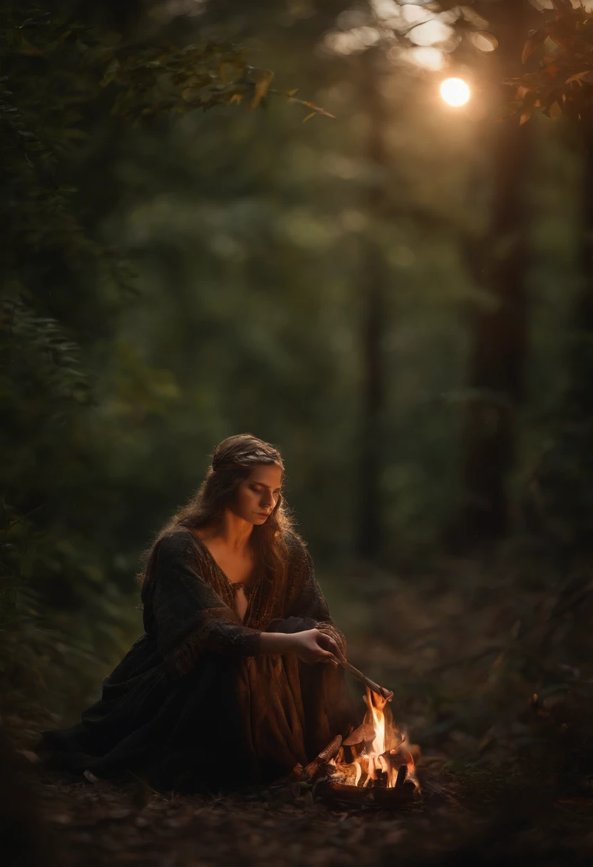 (best quality,4k,8k,highres,masterpiece:1.2),ultra-detailed,(realistic,photorealistic,photo-realistic:1.37),shamanic witch working with herbs and a bonfire in the virgin forest, nature: powerful plants and animals, oil painting, [detailed], mystical atmosphere, vibrant colors, soft lighting, plants rustling in the wind, animals blending with nature, enchanting aura, hidden mysteries