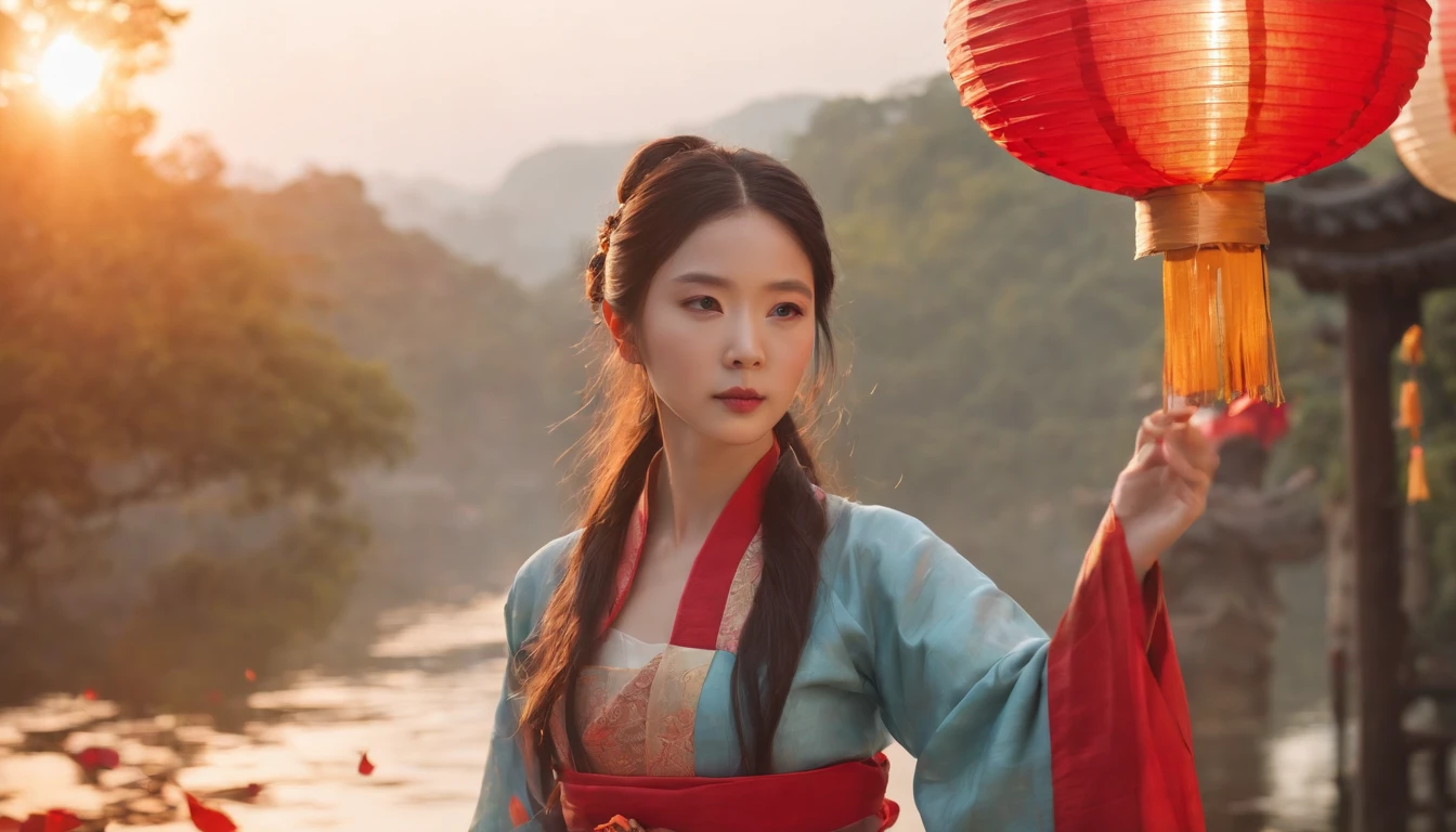 offcial art, Unity 8k wallpaper, Ultra detailed, Beautiful and aesthetic, Masterpiece, Best quality, (Fire, water, ribbon, paper cut out), (Fractal art:1.3) 1girll,Building, (Solo:1.5), Chinese_clothes, sky, Outdoors, Wide_Sleeves, black_Hair, Sunset, (Falling_Leaves:1.2), lantern, (Paper_lantern:1.5),Blue sky, (Outdoors:1.5),Hanfu, (rainbow-candy:0.8), (style-swirlmagic:0.8),National style