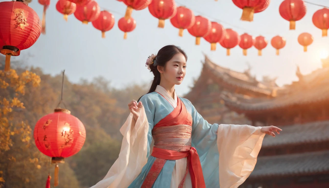 offcial art, Unity 8k wallpaper, Ultra detailed, Beautiful and aesthetic, Masterpiece, Best quality, (Fire, water, ribbon, paper cut out), (Fractal art:1.3) 1girll,Building, (Solo:1.5), Chinese_clothes, sky, Outdoors, Wide_Sleeves, black_Hair, Sunset, (Falling_Leaves:1.2), lantern, (Paper_lantern:1.5),Blue sky, (Outdoors:1.5),Hanfu, (rainbow-candy:0.8), (style-swirlmagic:0.8),National style