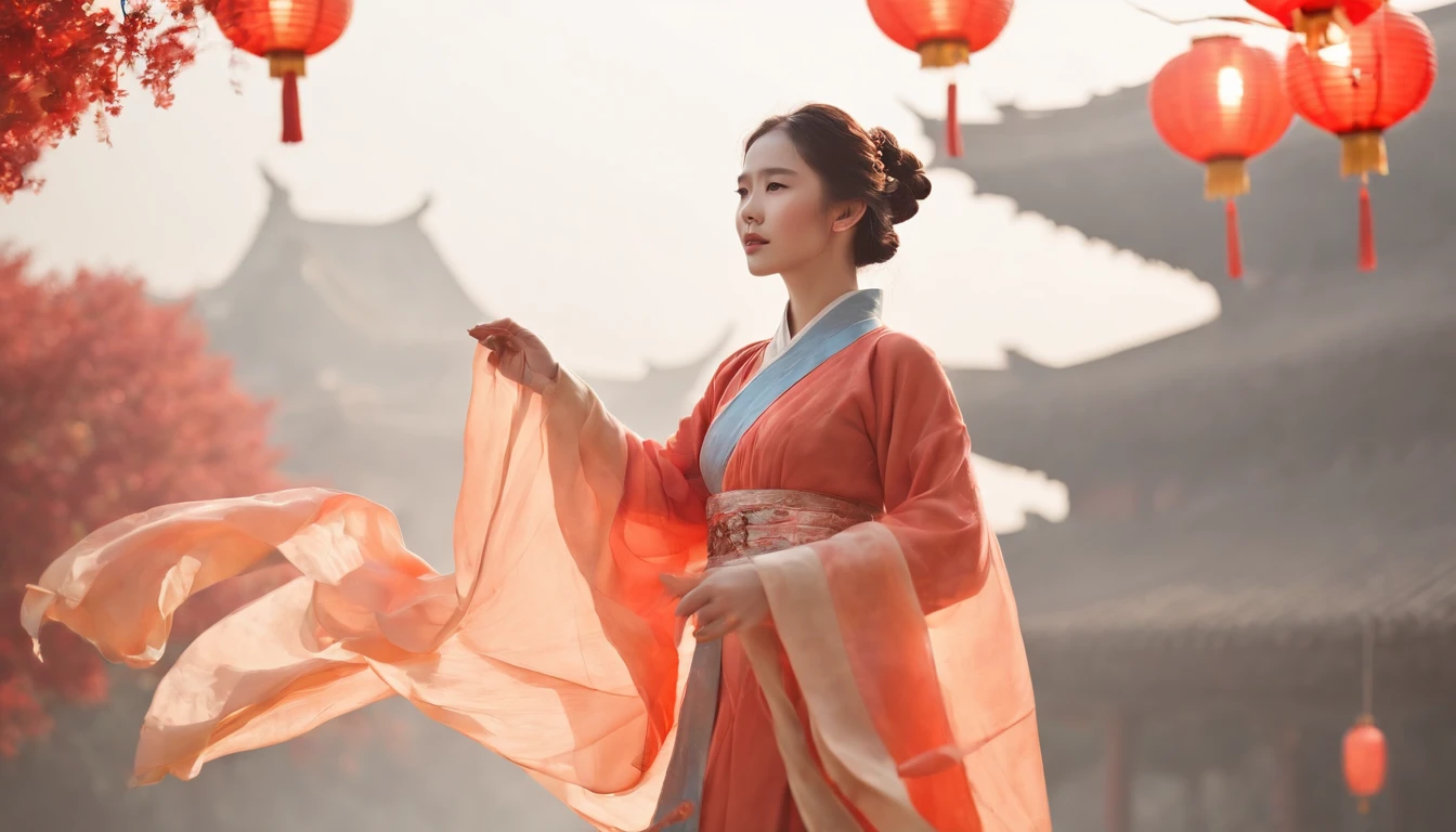 offcial art, Unity 8k wallpaper, Ultra detailed, Beautiful and aesthetic, Masterpiece, Best quality, (Fire, water, ribbon, paper cut out), (Fractal art:1.3) 1girll,Building, (Solo:1.5), Chinese_clothes, sky, Outdoors, Wide_Sleeves, black_Hair, Sunset, (Falling_Leaves:1.2), lantern, (Paper_lantern:1.5),Blue sky, (Outdoors:1.5),Hanfu, (rainbow-candy:0.8), (style-swirlmagic:0.8),National style