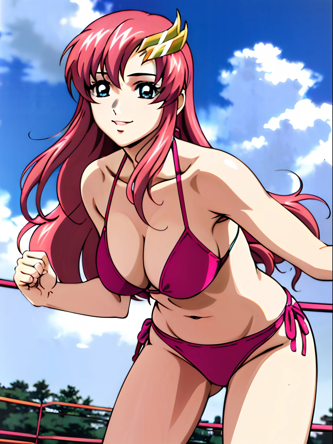 (masterpiece, upper body view, 4K, Best Quality, Anime style: 1.9,, Adult Woman, ultra detailed face, (cloud background, wrestling), Drawing lines, high resolution, Anime, lacus4), 1girl, Solo, curvy figure, Long hair, 鎖骨, scapular, (Detailed wide hair bangs, Hair Ornament, Detailed reddish-pink hair, golden crest), cleavage, large hands, (female wrestler). (Big blue eyes, shiny eyes), ((hands on knees, broad shoulders, closed fists)), ((perfect proportions, medium breasts, long belly)), (((bikini, pink wrestling gear))), happy, smile, (standing, looking at the viewer)