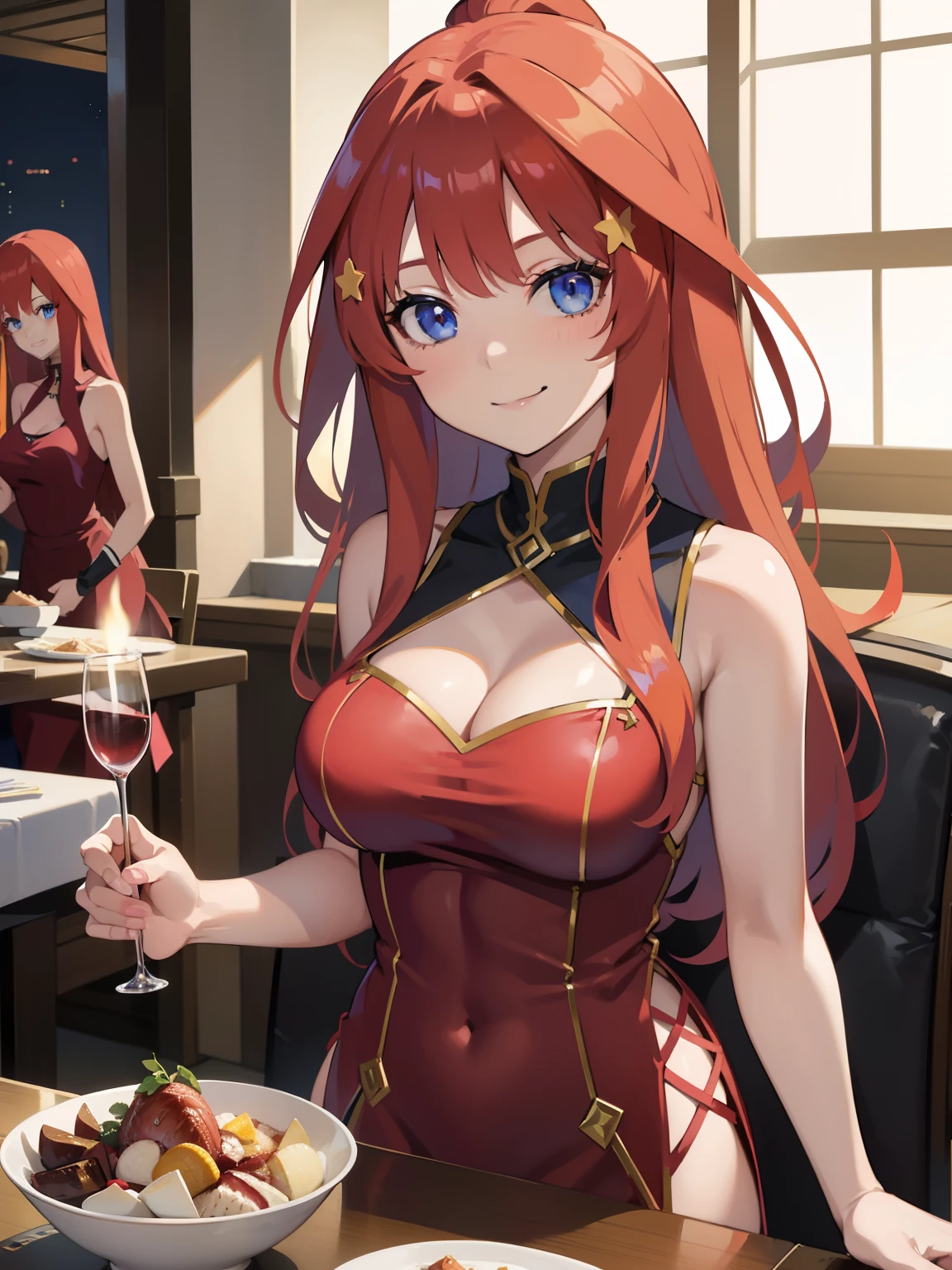 1girl, Anime girl with long hair, anime moe art style, Anime visuals of cute girls, Anime Best Girl, itsuki nakano fanart, pretty anime girl, Smooth Anime CG Art, Seductive Anime Girl, charming anime girls, Cute anime girl, Shining eyes, big boobs, (((((at the dinner table))))), ((looking at viewer)), (((((indecent smile))))), close up, red hair, blue eyes, ((((revealing clothes)))), (paris), (((fancy restaurant))), glass of wine, cleavage, (((red dress))), ponytail, golden earings, people, candle lit, ((((gala)))), night, sleeveless