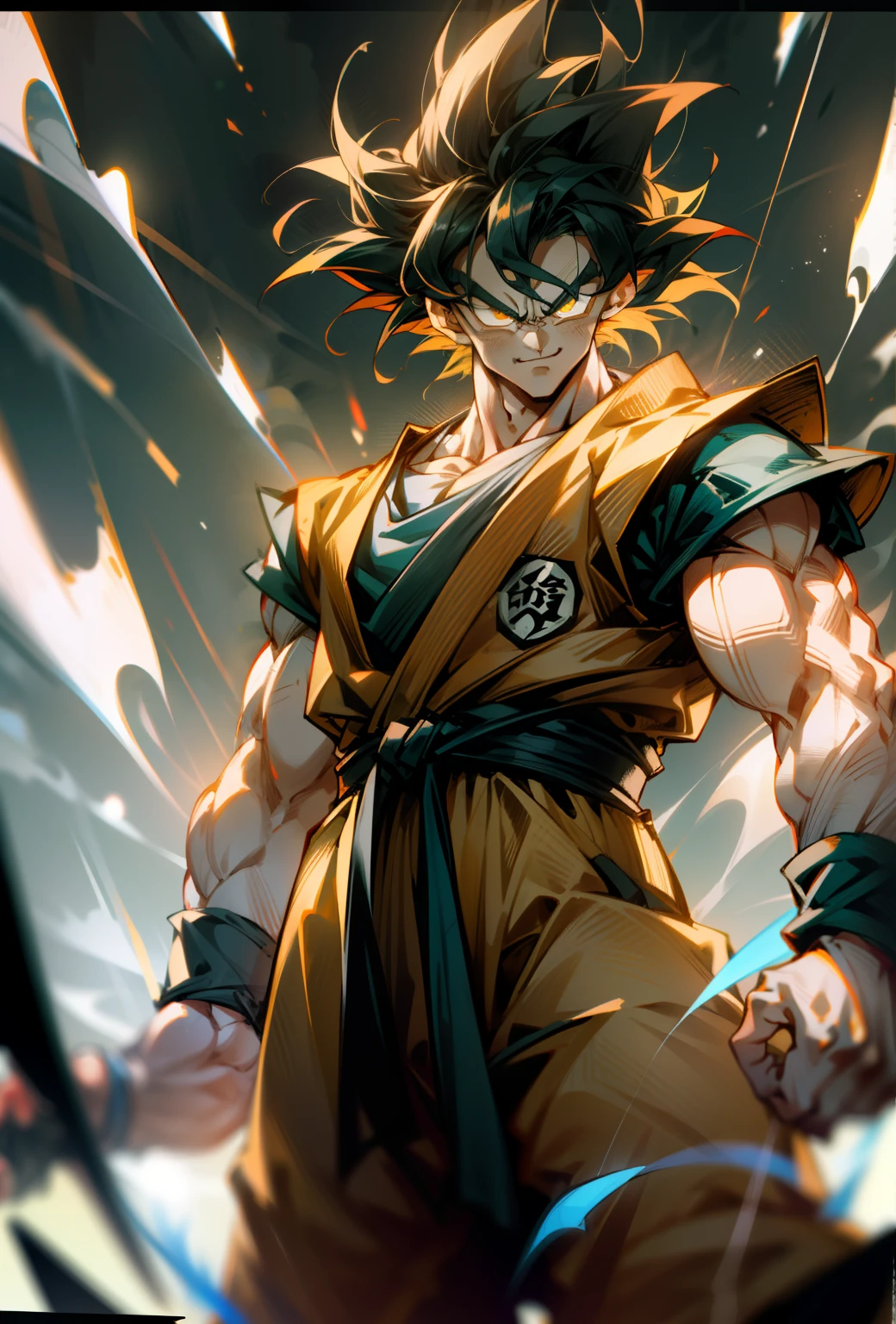 masterpiece, best quality, 1boy, (goku), short hair, black hair, yellow eyes, angry face, aura power, night, natural light,standing, angry eyes,  smiling, yellow hair, male focus, strong muscles, movie composition, deth of field, bokeh, (futuristic), (only face),