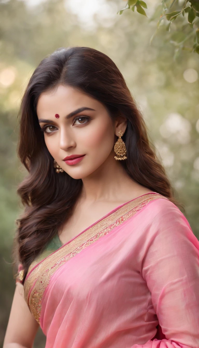 (realistic,photorealistic,photo-realistic:1.37),highly detailed,pink color saree,gorgeous women,beautiful detailed eyes,beautiful detailed lips,realism style,dynamic pose,full body,8k quality,depth field,wavy long black hair,professional portrait lighting,vivid colors,ultra-sharp focus,soft natural lighting,sophisticated expression,breathtaking composition,subtle background,highres.