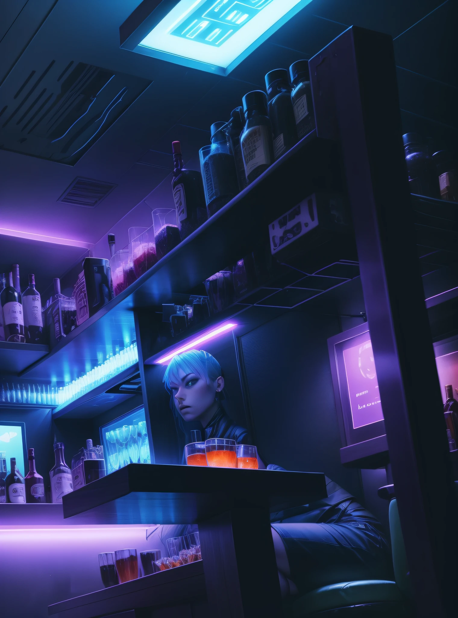 create cyber bar, cyberpunk style, front plane camera, bar with lights