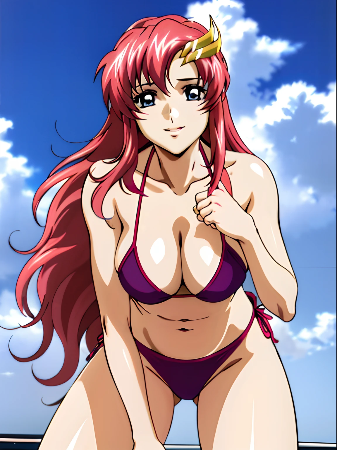 (masterpiece, upper body view, 4K, Best Quality, Anime style: 1.9,, Adult Woman, ultra detailed face, (cloud background, wrestling), Drawing lines, high resolution, Anime, lacus4), 1girl, Solo, curvy figure, Long hair, 鎖骨, scapular, (Detailed wide hair bangs, Hair Ornament, Detailed reddish-pink hair, golden crest), cleavage, large hands, (female wrestler). (Big blue eyes, shiny eyes), ((hands on knees, broad shoulders, closed fists)), ((perfect proportions, medium breasts, long belly)), (((bikini, pink wrestling gear))), happy, smile, (standing, looking at the viewer)