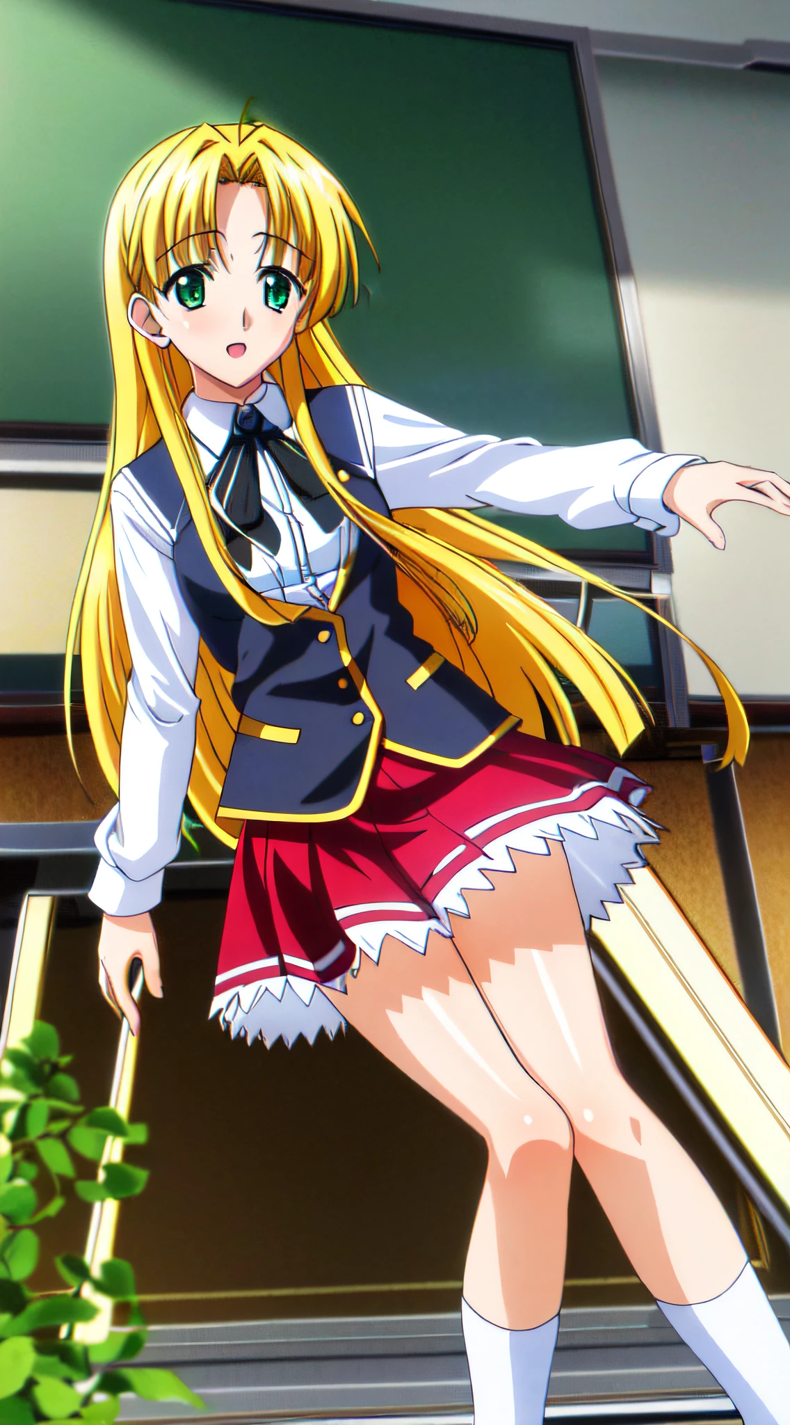 masterpiece, best quality, ultra-detailed, hires, beautiful, detailed hair and eyes, 1girl, long hair, green eyes, asia argento dxd, blonde hair, small breasts, (dxd clothes:1.4), school uniform, skirt, white shirt, (white socks), black boots, red skirt, full body, standing, hand on breasts, detailed background, (school classroom:1.3)