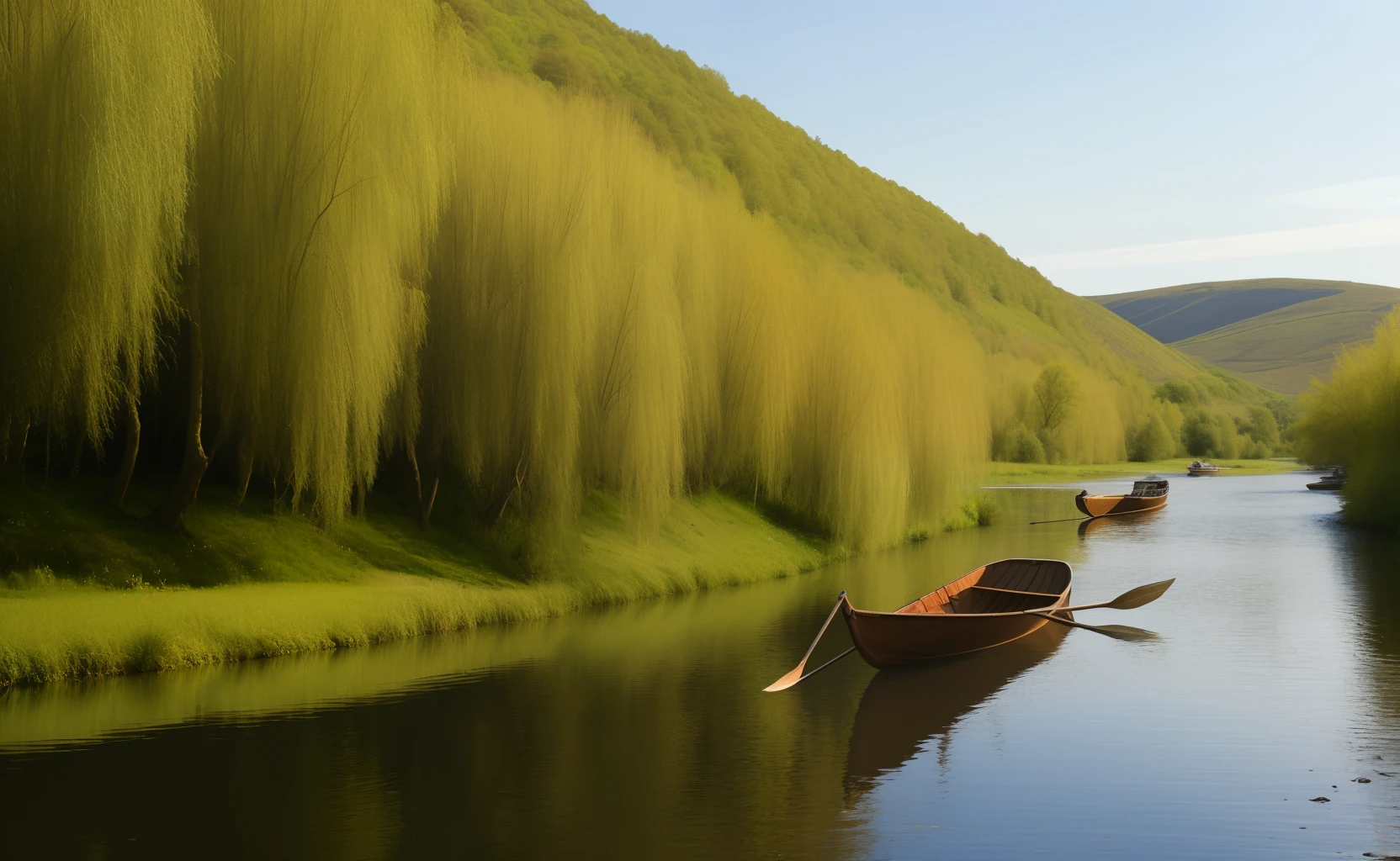 Willow leaning over the river with boat and oars.