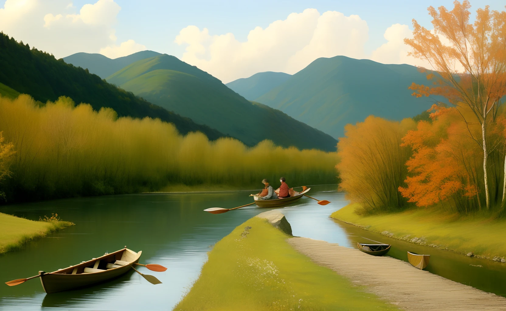 Willow leaning over the river with boat and oars.