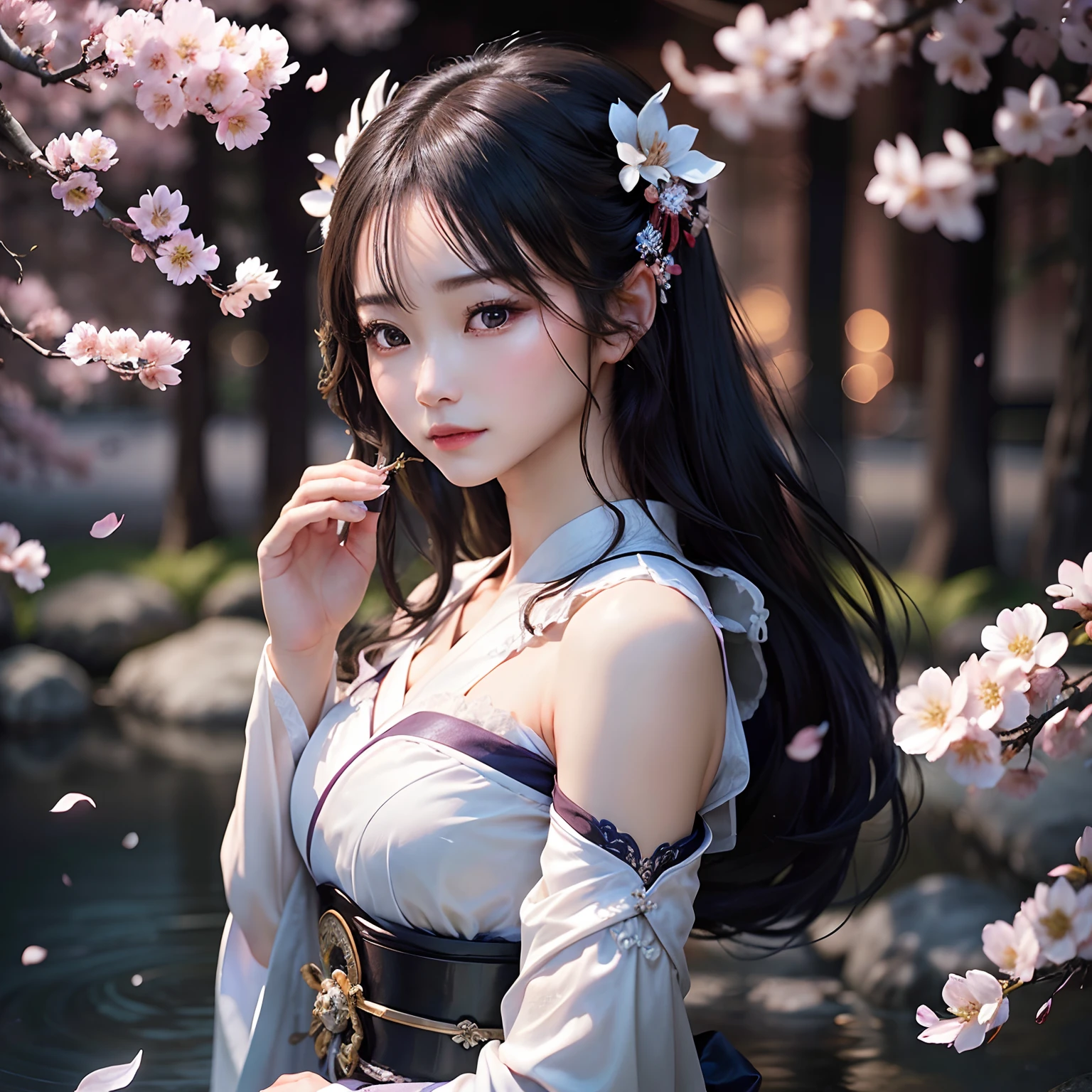 "Create an exquisite, hyper-realistic portrayal of a stunningly beautiful Japanese woman who embodies the essence of a raiden shogun. Her face should radiate an exquisite blend of strength, grace, and ethereal beauty. Pay meticulous attention to capturing her delicate features, with porcelain-like skin adorned by the soft glow of moonlight. Her eyes should hold a mesmerizing allure, reflecting both a sense of determination and an enchanting serenity. Place her amidst an enchanting forest of sakura trees, their blossoms casting a dreamy, moonlit aura around her. The woman should be depicted gracefully holding a katana, her elegance juxtaposed with the lethal gleam of the blade. Ensure that the surrounding sakura trees are intricately detailed, with their petals showering down like a cascade of moon-kissed dreams. This scene should exude an air of extraordinary beauty and power."