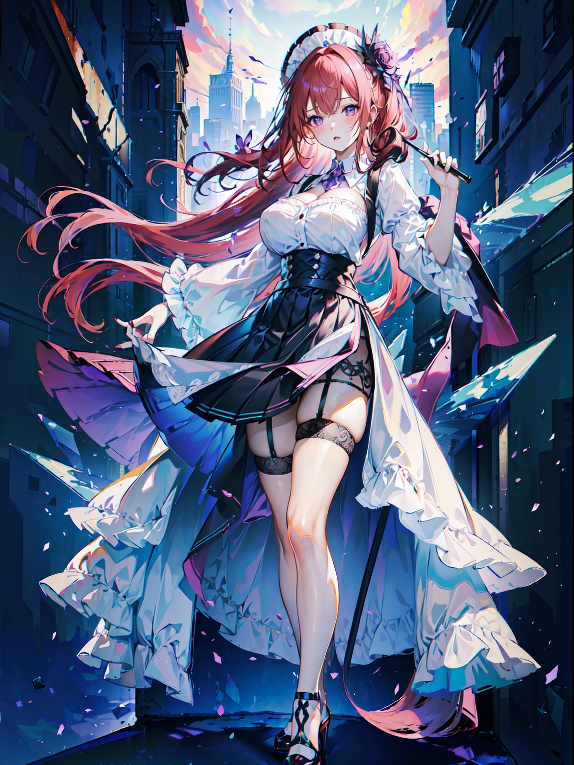 (Masterpiece, Best quality, High quality:1.4), Professional artwork, Intricate details, Field of View, Sharp focus, Detailed painting, Masterpiece, Cinematic lighting, trending on pixiv, (Vivid lighting, Vibrant colors, author:Nagasawa rose:1.05), (,A MILF:1.1), Solo, (Curvy:1.1), standing, (Full body shot:1.1),
(Red hair:1.05), Long hair, High ponytail, lipstick, Makeup, Ultra Detail Hair, Ultra Detail Face, (Purple eyes:1.05), Perfect eyes, Perfect face, (Confused, Blush:1.2), (black thighhigns, a garter belt:1.1), Pleated skirt, White shirt, high-heels,
(Large breasts:1.1), cleavage, Big ass, Thighs,