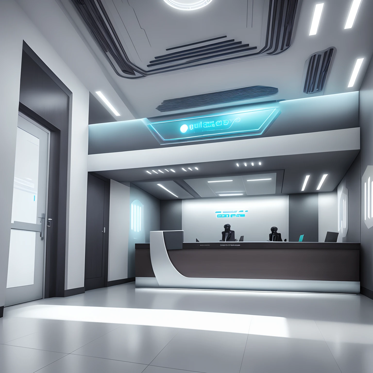 Futuristic white office lobby, front desk, lobby, scifi