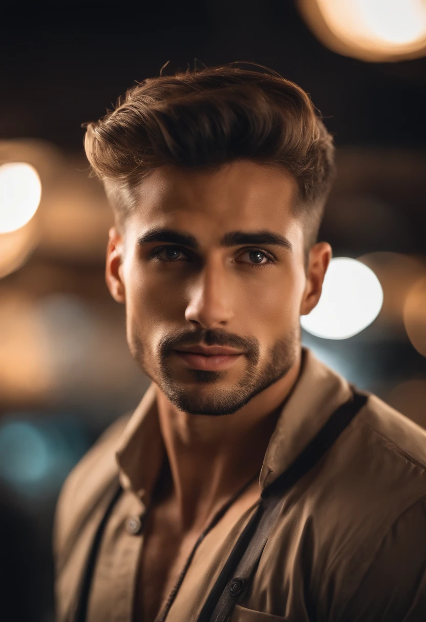 La mejor calidad,Ultra detallado,realista:1.37,Hombre guapo,cara hermosa,ojos detallados,strong jawline,barba de rastrojo,sonrisa encantadora,casual,cabello elegante,afeitado,Postura segura,caballero,Mirada cautivadora,bien arreglado,profesional,Apariencia similar a la de un modelo,vivid colors,Studio lighting,Warm color tone from front to camera