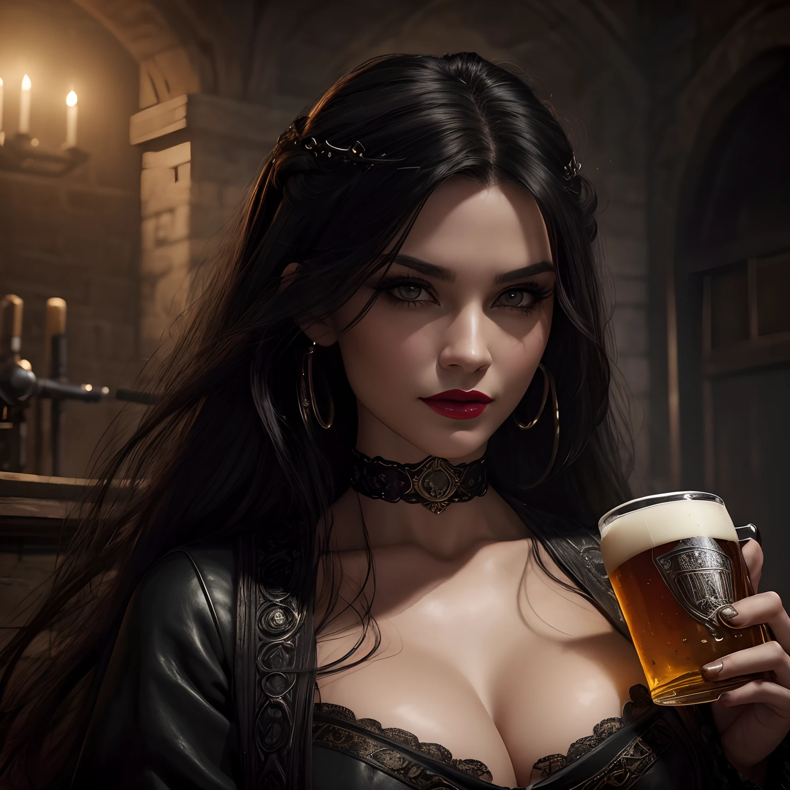 "(best quality,4k,8k,highres,masterpiece:1.2),ultra-detailed,(realistic,photorealistic,photo-realistic:1.37),badass,gorgeous woman,long black hair,ironic smile,epic gloomy atmosphere,cinematic quality,dark environment,mysterious aura,high contrast lighting,dramatic shadows,detailed facial features,fierce eyes,piercing gaze,badass weapons,handheld gun,music-inspired,suspenseful,gritty,foggy atmosphere,red lipstick,piercings,vintage aesthetic,medieval backdrop, pint of beer,medieval outfit,fantasy, drinking, holding a mug of beer"