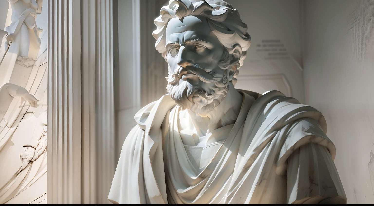 White marble statue of bust of wise man with the style of the bearded Greek philosopher in the museum. Atmosfera escura, alto contraste de luz e sombra, fotografia profissional, ultra realista, Light Volumetric, cinemactic