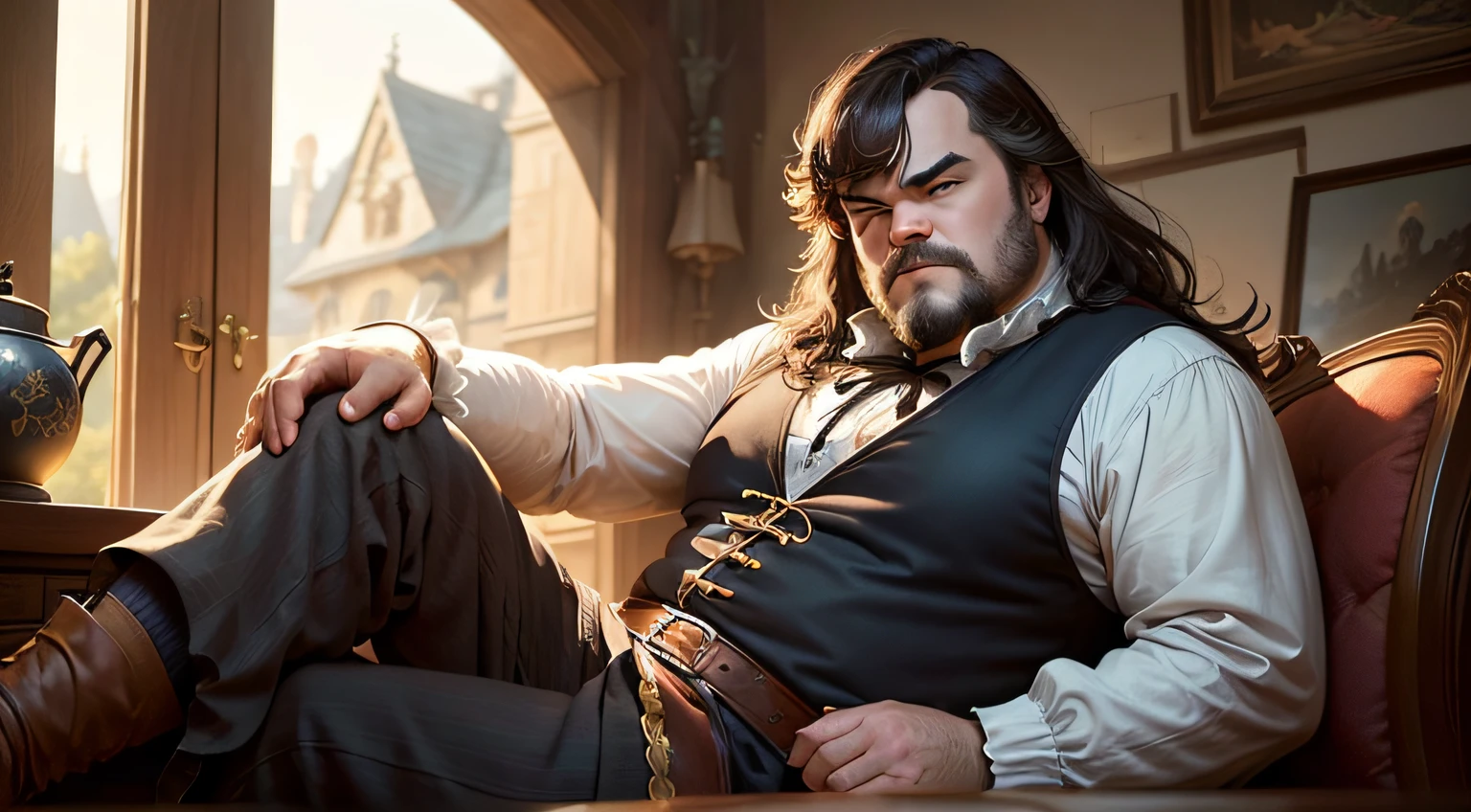 Subject: Jack Black.
Background Context: Inside the kingdom.
Description: Jack Black is introduced as a lazy man with a talent for finding excuses.
Time of Day: Daytime.
Type of Image: Detailed illustration.
Type of Lighting: Soft and slightly shadowed to convey Jack Black's character.
Color Detail: Earthy tones to represent the kingdom's surroundings.
Art Styles: Traditional character illustration.
Art Inspirations: Medieval character depictions.
Environment: A modest setting within the kingdom.
Camera Shot: Medium shot of Jack Black.
Camera Lens: Standard lens.
Render Related Information: High-quality rendering.
Action Reference: Jack Black may appear lazy or indifferent.
Character Face Expression: Nonchalant or unconcerned.
Character Posture: Relaxed, possibly slouching.
Character Clothes: rococo fashion.