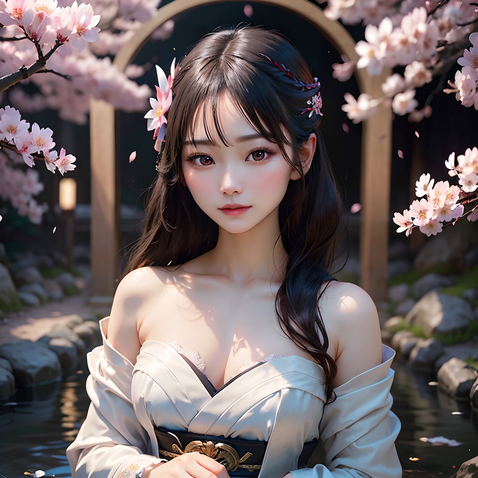 "Create an exquisite, hyper-realistic portrayal of a stunningly beautiful Japanese woman who embodies the essence of a raiden shogun. Her face should radiate an exquisite blend of strength, grace, and ethereal beauty. Pay meticulous attention to capturing her delicate features, with porcelain-like skin adorned by the soft glow of moonlight. Her eyes should hold a mesmerizing allure, reflecting both a sense of determination and an enchanting serenity. Place her amidst an enchanting forest of sakura trees, their blossoms casting a dreamy, moonlit aura around her. The woman should be depicted gracefully holding a katana, her elegance juxtaposed with the lethal gleam of the blade. Ensure that the surrounding sakura trees are intricately detailed, with their petals showering down like a cascade of moon-kissed dreams. This scene should exude an air of extraordinary beauty and power."
