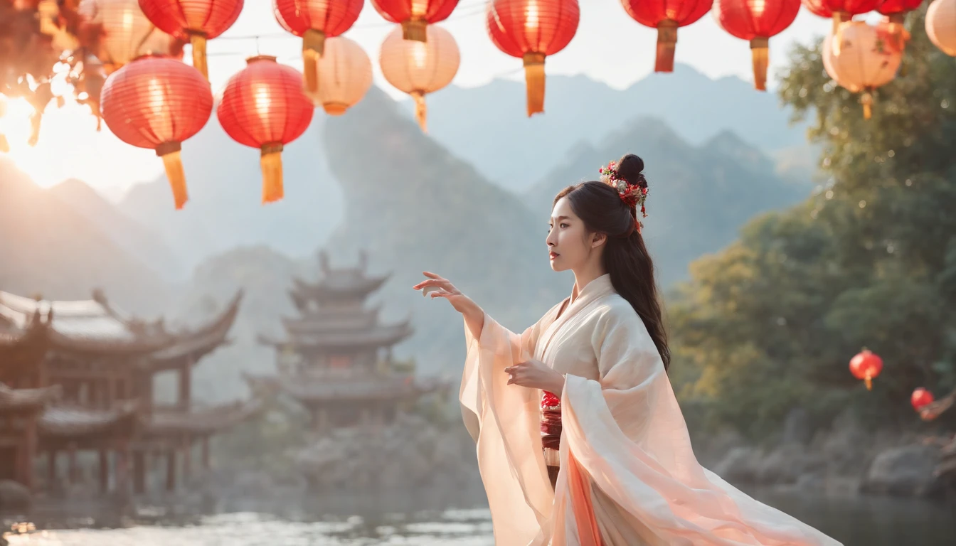 offcial art, Unity 8k wallpaper, Ultra detailed, Beautiful and aesthetic, Masterpiece, Best quality, (Fire, water, ribbon, paper cut out), (Fractal art:1.3) 1girll,Building, (Solo:1.5), Chinese_clothes, sky, Outdoors, Wide_Sleeves, black_Hair, Sunset, (Falling_Leaves:1.2), lantern, (Paper_lantern:1.5),Blue sky, (Outdoors:1.5),Hanfu, (rainbow-candy:0.8), (style-swirlmagic:0.8),National style