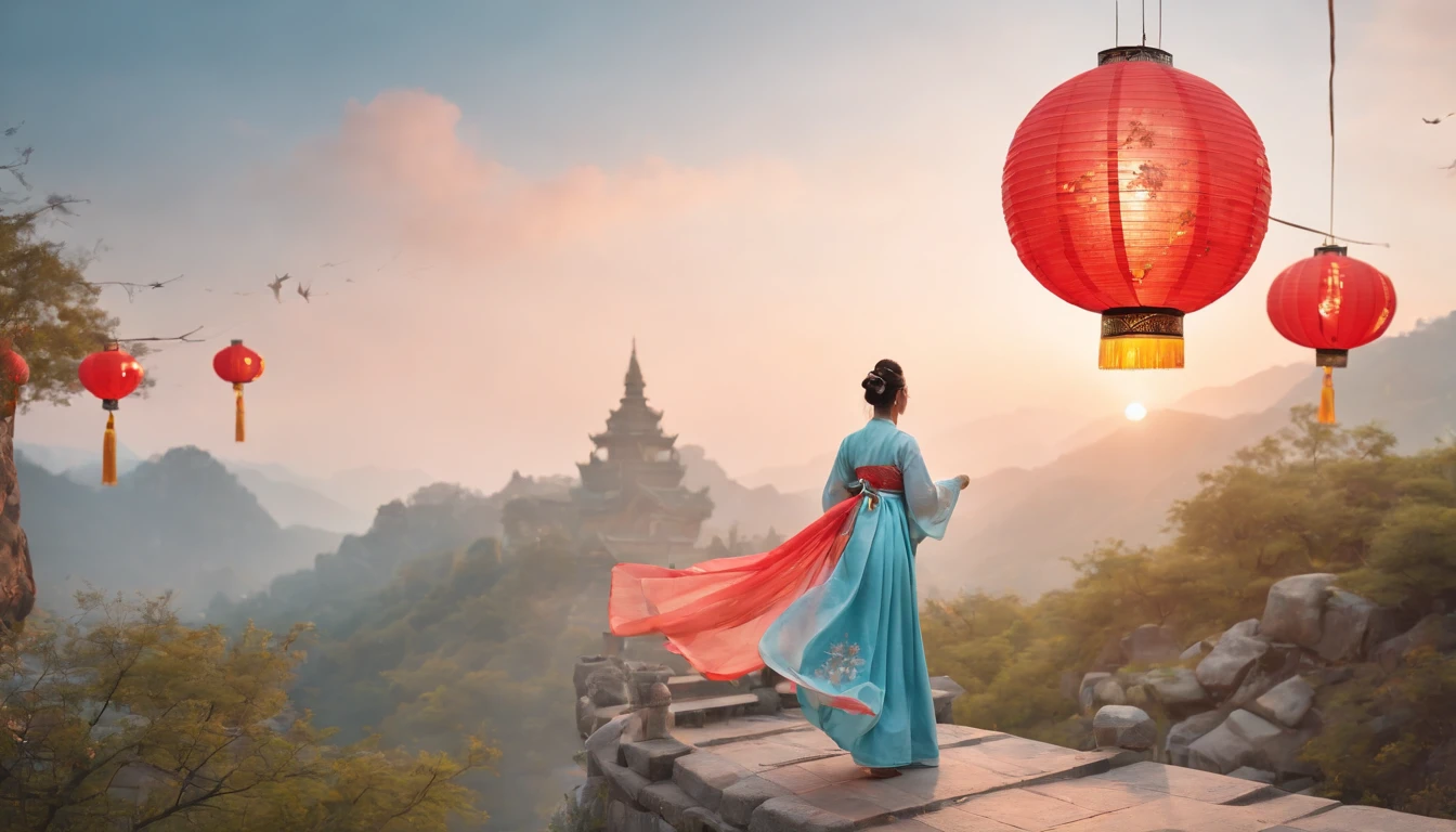 offcial art, Unity 8k wallpaper, Ultra detailed, Beautiful and aesthetic, Masterpiece, Best quality, (Fire, water, ribbon, paper cut out), (Fractal art:1.3) 1girll,Building, (Solo:1.5), Chinese_clothes, sky, Outdoors, Wide_Sleeves, black_Hair, Sunset, (Falling_Leaves:1.2), lantern, (Paper_lantern:1.5),Blue sky, (Outdoors:1.5),Hanfu, (rainbow-candy:0.8), (style-swirlmagic:0.8),National style