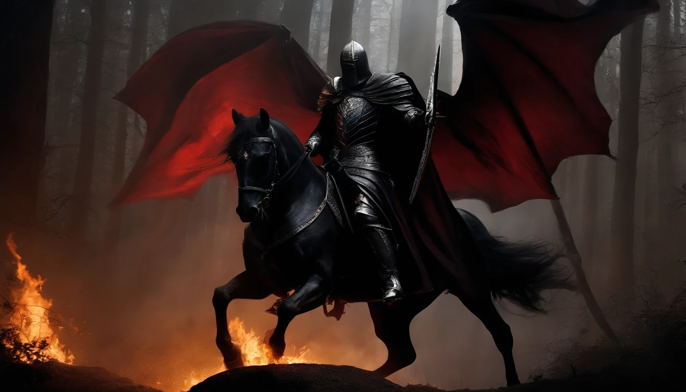 Undead Knight,Undead,Crusader pitch-black armor,(red eyes),Skeleton horse,Nightmare Horse,fantasy world,medieval times,A dark forest that glows with glows,horror atmosphere,uncanny,High-precision details,HD,8k,lord of the ring