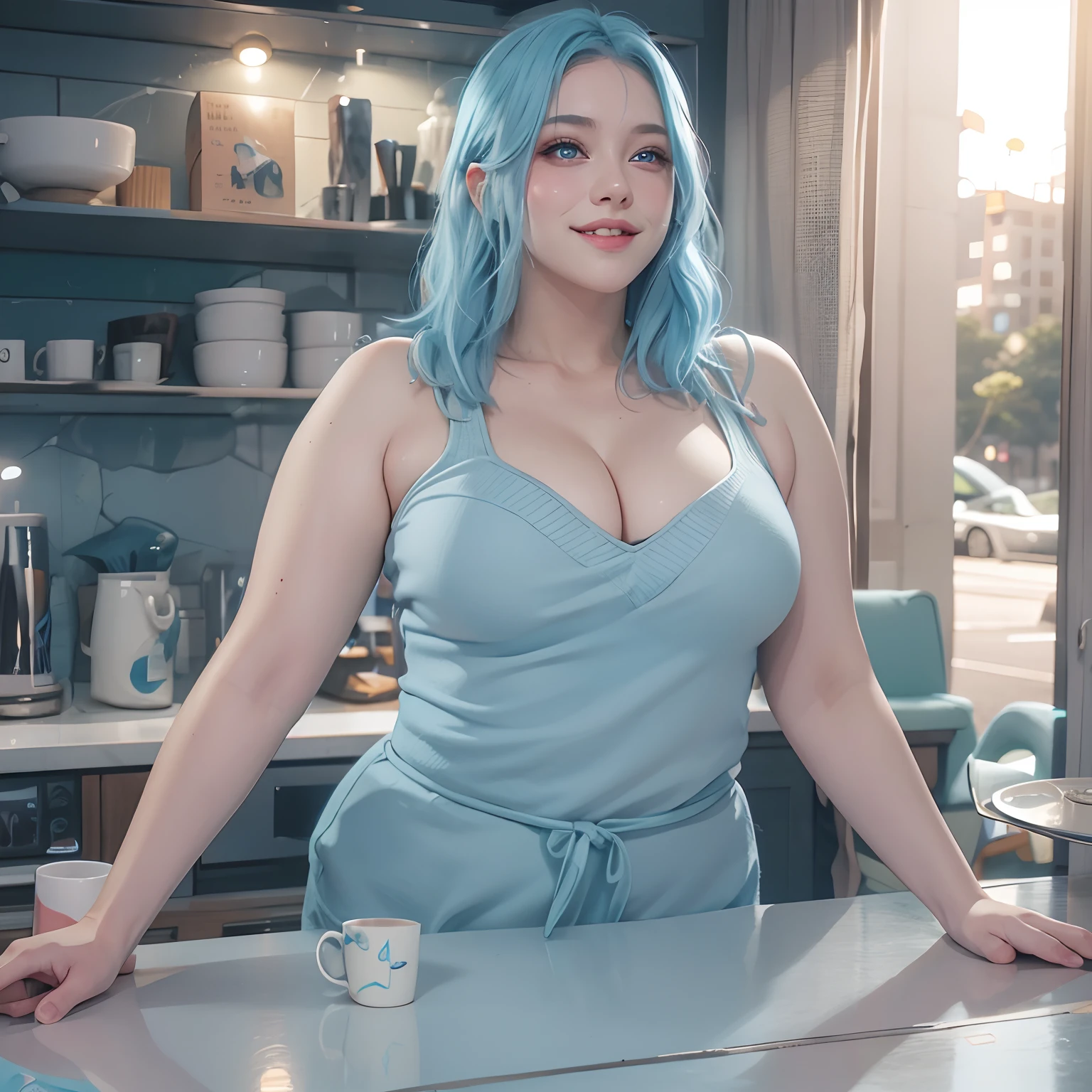 Light blue hair, hair bobbles, short hair, blue eyes, smiling, blushing, wince, longeyelashes, solid circle eyes, ear blush, fang, doubt, In the city park, anime big breast, drop shadow, anaglyph, pov, atmospheric perspective, cinematic lighting, close-up, 8k, super detail, ccurate, best quality, living room