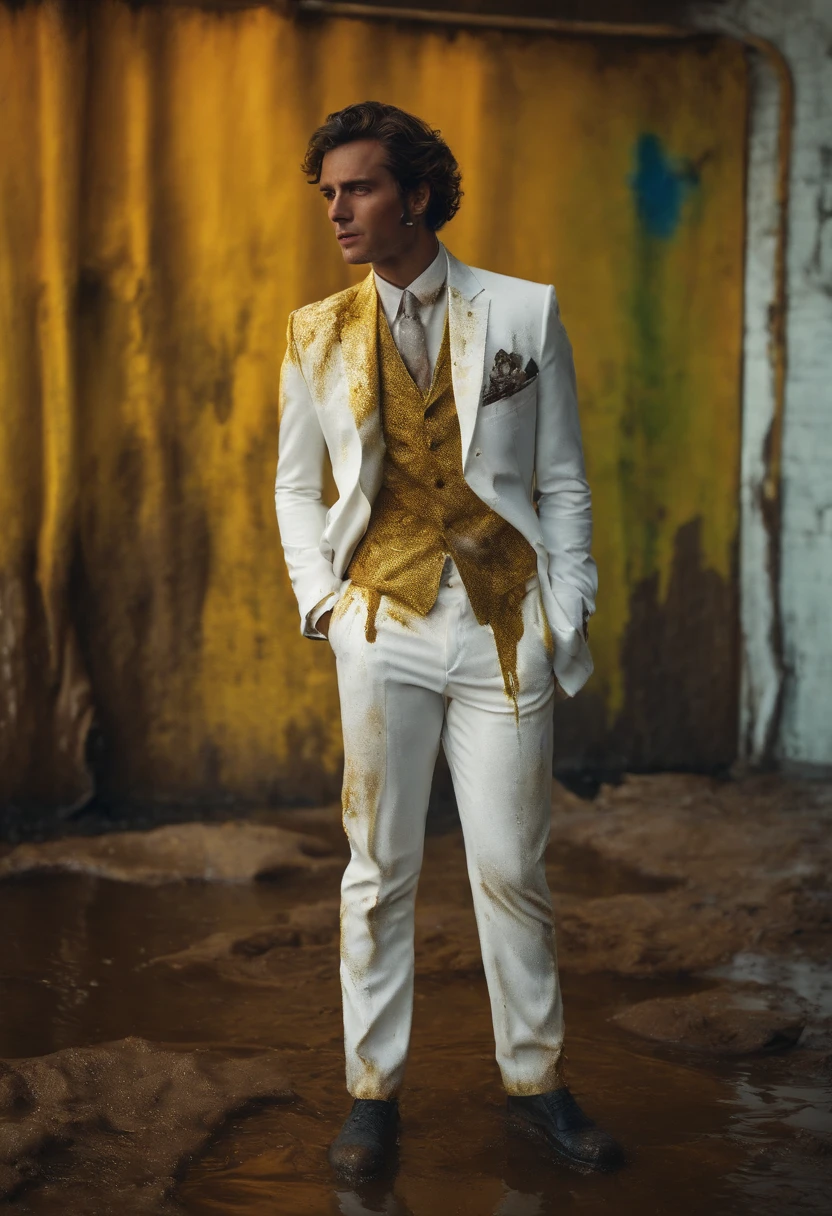 Gagadot was covered in oil and dirt,white business suit, Greasy, Dirty and greasy white suit,White pants stained with dirt,covered in slime,Muddy and dirty,All stained with oil and greasy