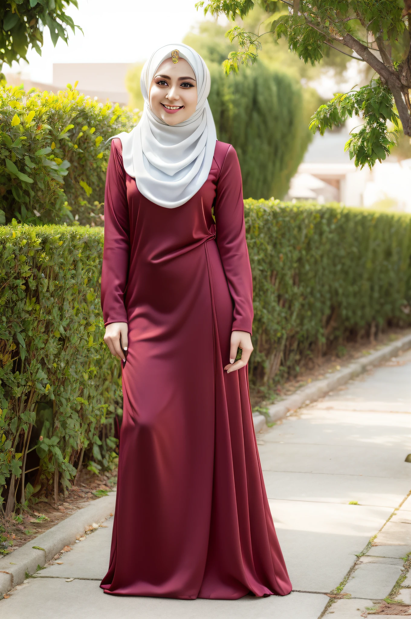 1female, hijab, beautiful face, standing, sexual style, outdoors, wearing tight dress, love earrings, full body, close up, little smile, cute hells, ultra high quality, Masterpiece
