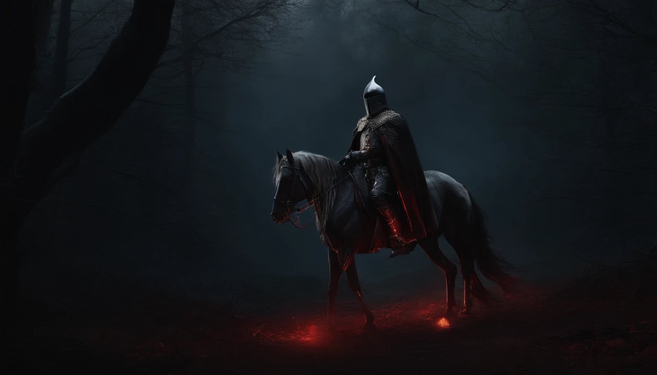 Undead Knight,Undead,Crusader pitch-black armor,(red eyes),Skeleton horse,Nightmare Horse,fantasy world,medieval times,A dark forest that glows with glows,horror atmosphere,uncanny,High-precision details,HD,8k,lord of the ring