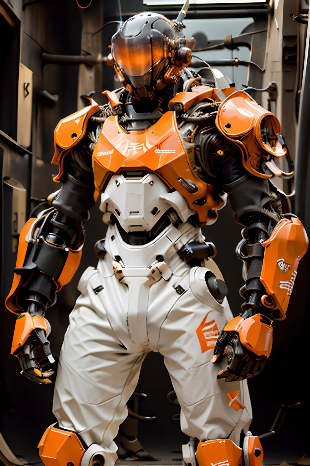 Dark fantasy, full body shot of humanoid crab mech with high-resolution Orange and white 1.1, tactical duit, techwear, mech details, techwear helmet, mechanical demon robotic parts in head transparent plastic cover head