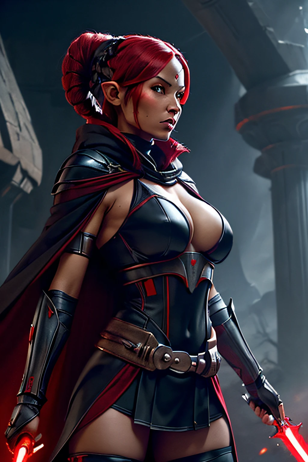 (((red skin)), twi'lek), (attack pose, fighting, sword attack, jump,) swing sword, sword attack, angry, dual red lightsabers, evil space knight, space ninja, (wearing heavy black robes, black stealth armor, breastplate, tunic, tabard, cowl, cloak, body glove, straps, buckles, skirts, long sleeves, fantasy, ((armor))), ((busty), slender body, thin, slim sexy body, slim waist, huge breasts), Imperial starship, Star Wars,