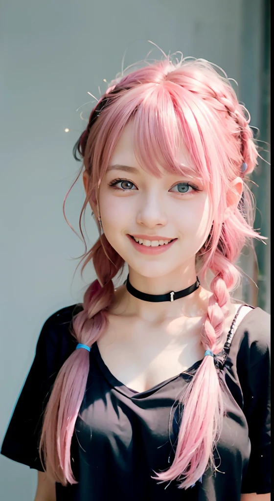 (ultra-detailliert), Black Psychedelic Shirt、Blue eyes,The upper part of the body、cowboy  shot、faces、(A smile:1.5),(facing front:1.2), 20yr old, teens girl,no tail,(no tail),2D, ​masterpiece, top-quality, animesque, A detailed eye, A detailed face, girl with, Only 1 person,Medium hair with pink hair, (Pink hair),  Ear Hair, small tits, Single braid, (Single braid), (Side braid), Pink ribbon, Ribbon around the neck, Background bokeh