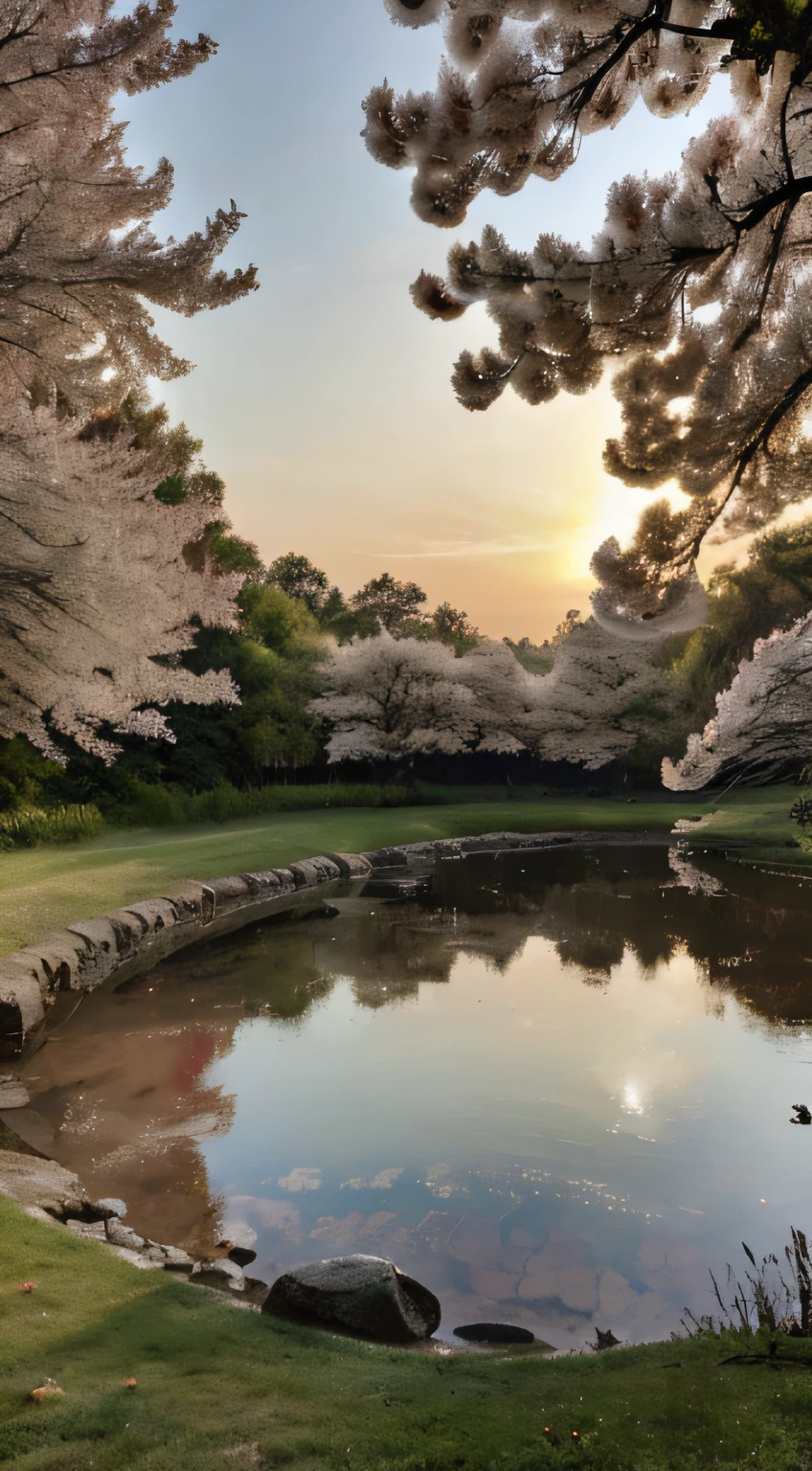 (a beautiful landscape,cherry trees,flowery environment, colorful fish stream, extremely detailed, sunset:1.2),ultra-detailed,nature,serene,peaceful,photorealistic:1.37, vibrant colors, warm tones,soft lighting,masterpiece:1.2, HDR,dreamlike,tranquil,water reflection, ethereal beauty, delicate petals,captivating scene,endless horizon,sun-kissed glow,picturesque,the golden hour,serene beauty,breathtaking view,serenity,majestic,meticulous attention to detail,calming atmosphere, idyllic setting, tranquility, harmonious blend of colors, immersive experience