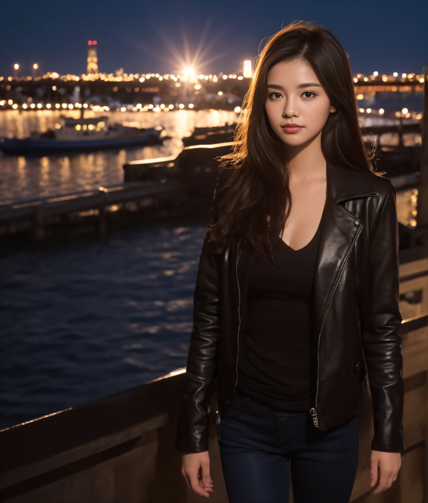 ((Midnight, Best Quality, 8K, Masterpiece: 1.3, Realistic)), Full Body: 1.4, Sharp focus: 1.2 Slender Abs: 1.2, ((Long dark brown hairstyle, Medium Breasts: 1.2)), (Black leather jacket: 1.1, Black tight rider pants: 1.1, Standing: 1.2), (Outdoor, Sport bike, Harbour background: 1.1, Night lights: 1.1, Lens flare), Highly detailed face and skin texture, detailed eyes, double eyelids, Side face looking at the camera, full body camera view